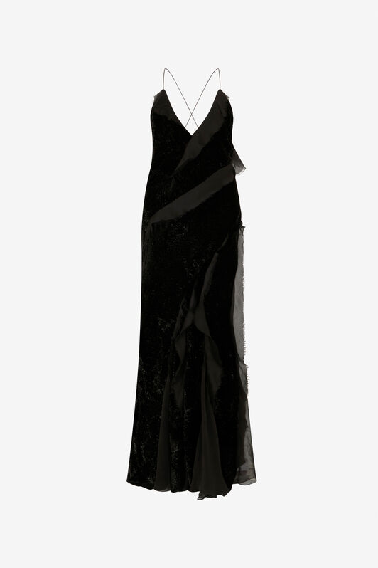 RC Velvet Slip Dress with Silk Chiffon Ruffles BLACK XWT115-VL067