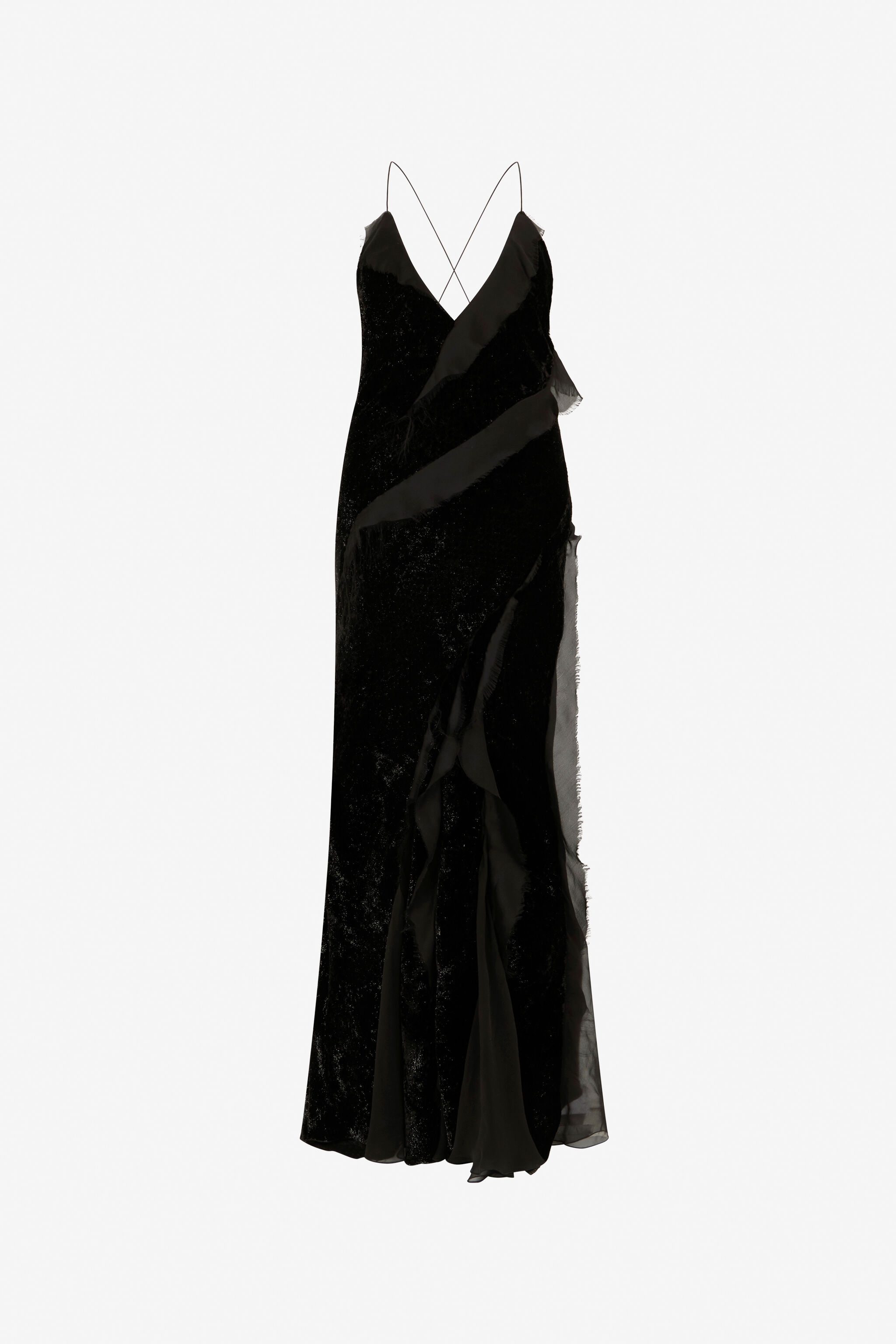RC Velvet Slip Dress with Silk Chiffon Ruffles BLACK XWT115-VL067