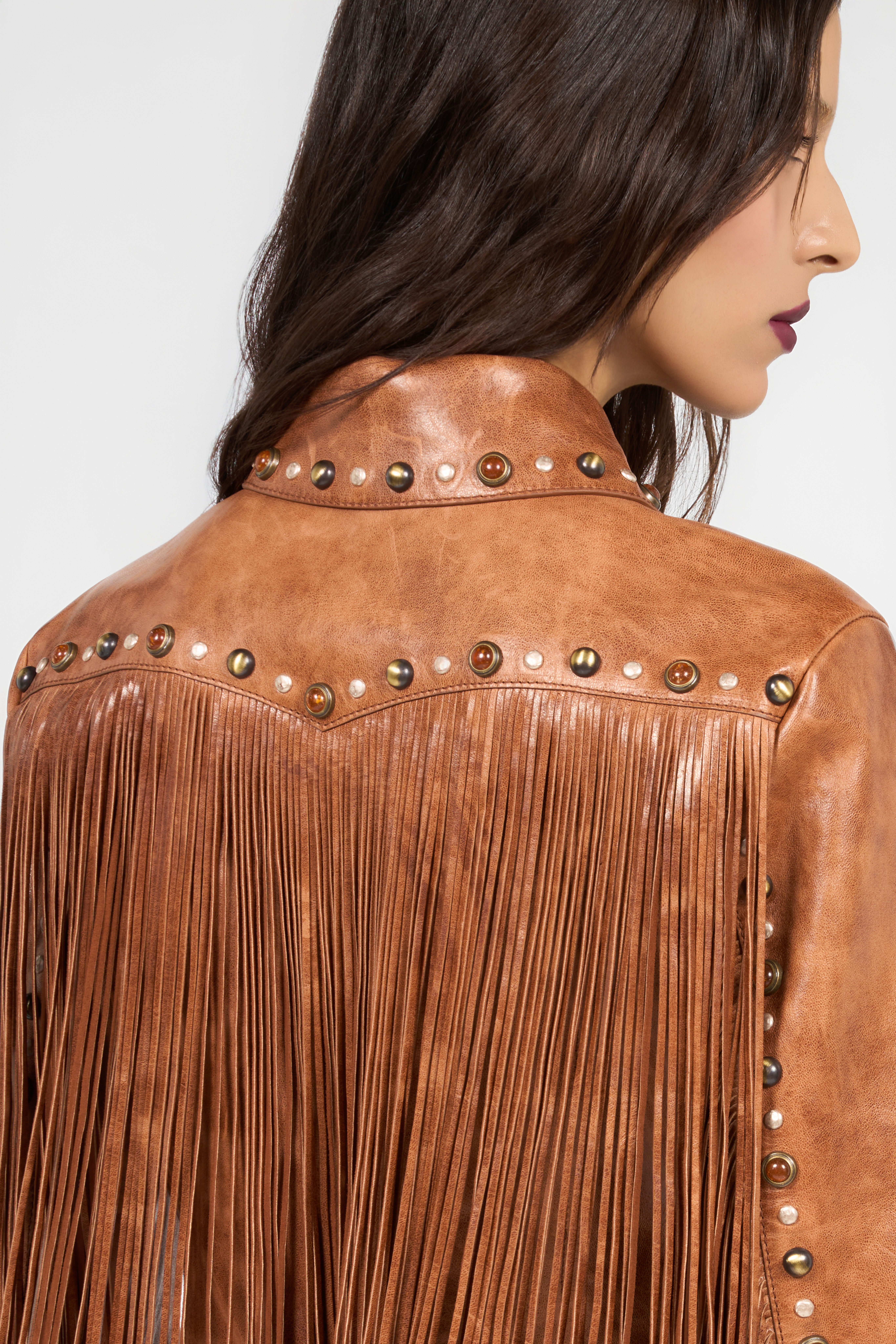 RC Leather Jacket With Fringes And Studs RC Leather Jacket With Fringes And Studs BROWN XQP400-PN002