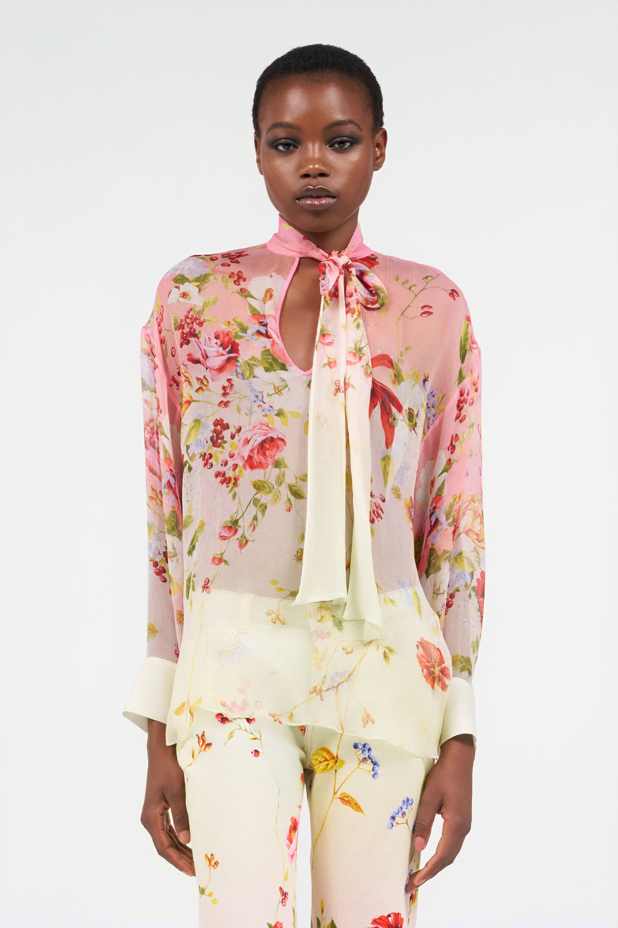 Chiffon Blouse with Miami Flowers Print in GREEN/FUCHSIA for Women