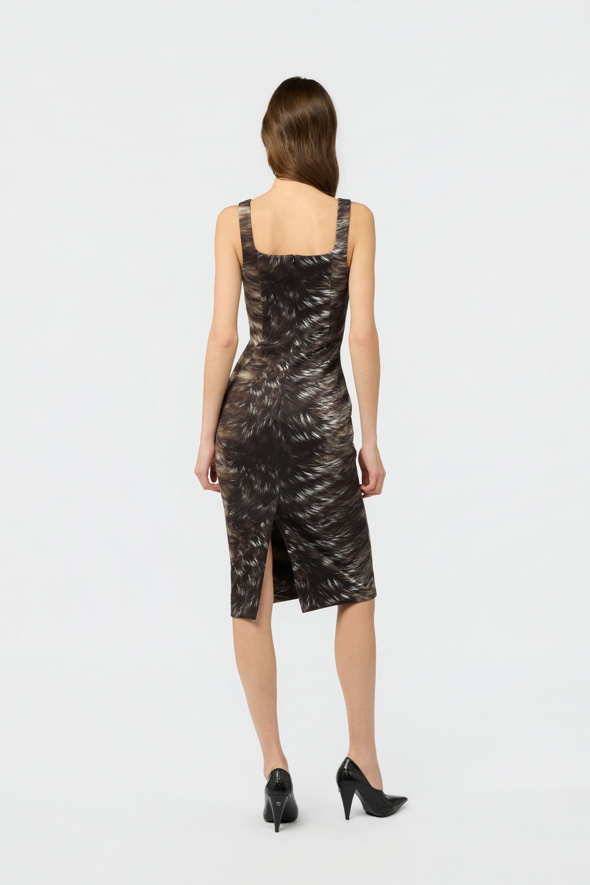 RC Midi Dress in Scuba Jersey with Fur Print BLACK/BEIGE XWT140-NVT79