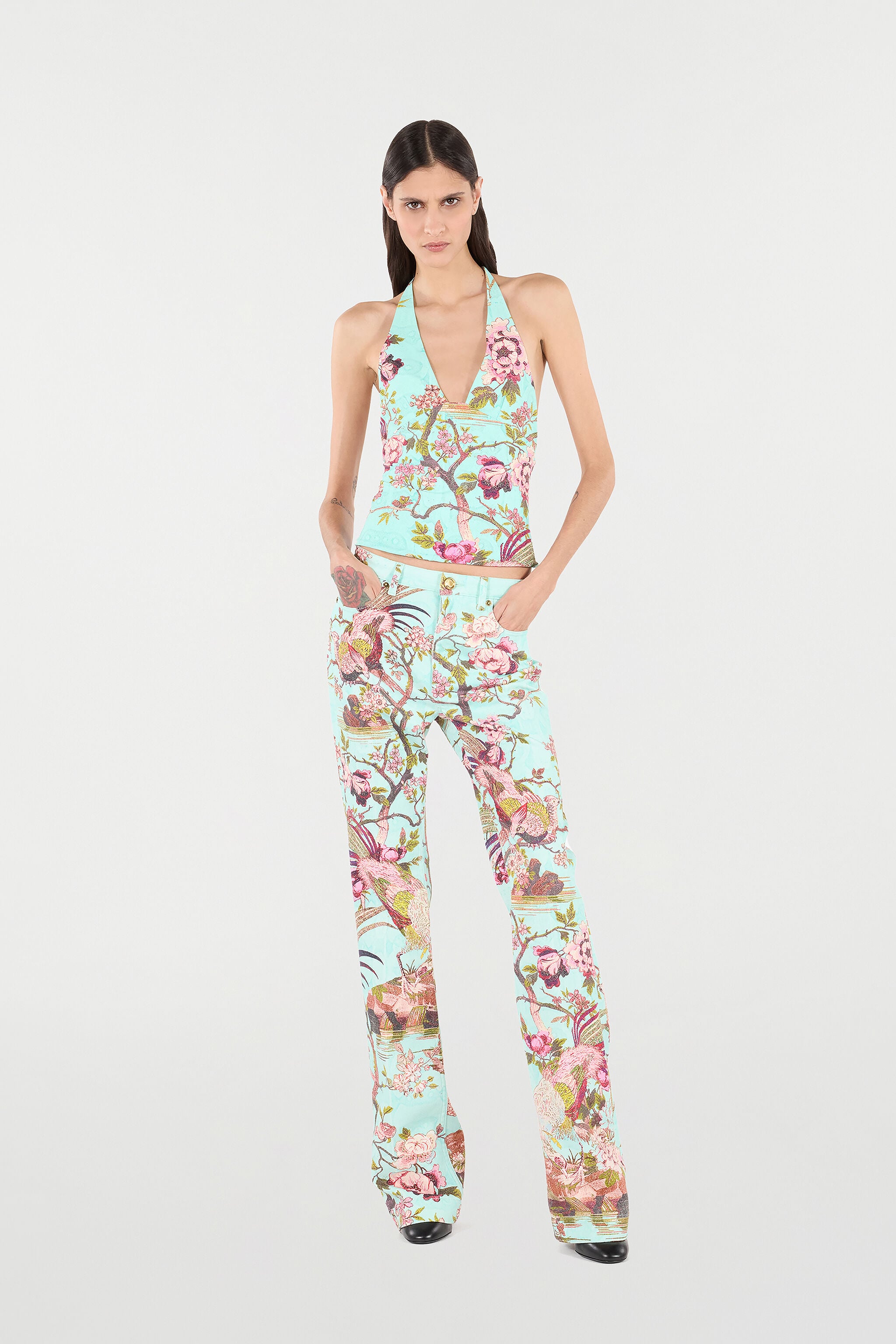 RC Pants With Oriental Bird Print Blue/Pink VKJ221-DAP76
