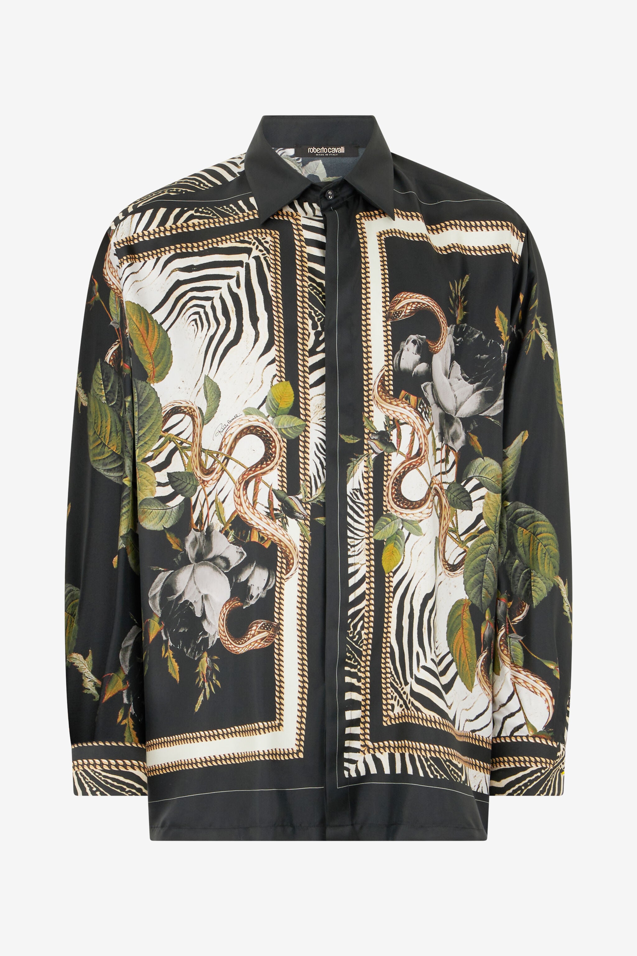 Zebra And Snake Print Silk Shirt in Black for Men | Roberto Cavalli®