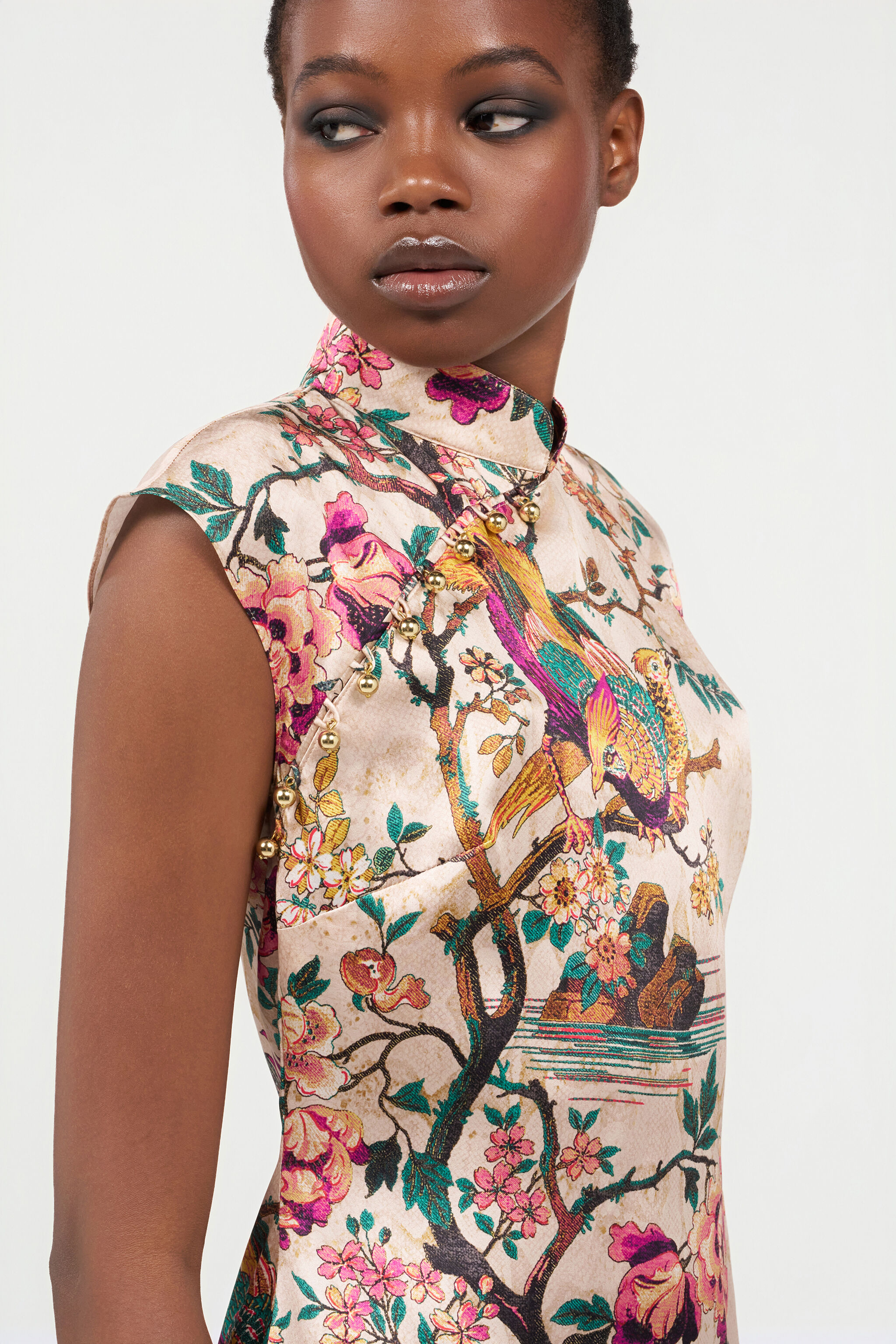 Oriental Bird Print Silk Mini Dress in Ivory/Pink for Women
