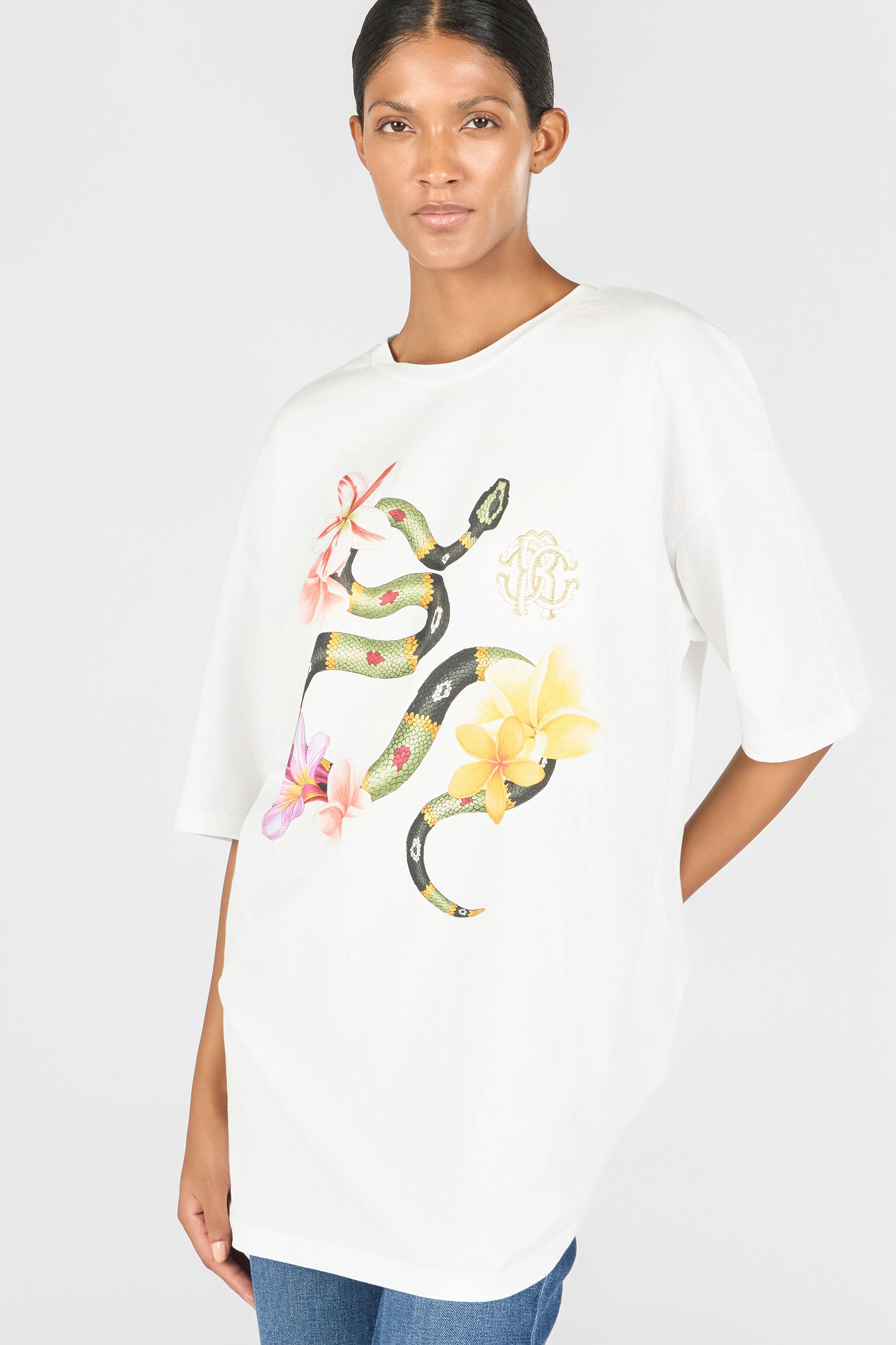 RC T-Shirt Mit Schlange Und Blumen Weiß OOT62A-JD060
