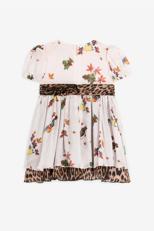 JU Vestido de seda con estampados Leopard y Bird Rosa RJT10A-2NH90