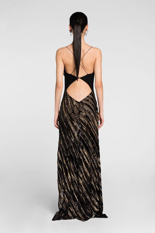RC Devoré-Stripe Maxi Dress RC Devoré-Stripe Maxi Dress NERO/ORO PKT101-VL061