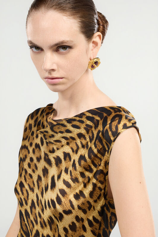 RC Silk Mini Dress With Jaguar Skin Print Brown VWT128-HZQ71