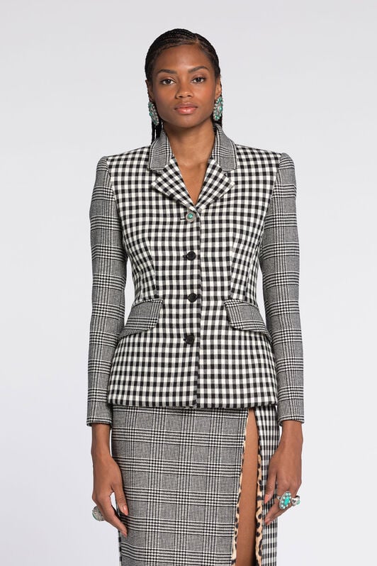RC Gingham and Houndstooth Single-Breasted Blazer RC Gingham and Houndstooth Single-Breasted Blazer Black/White RKT403-FE033