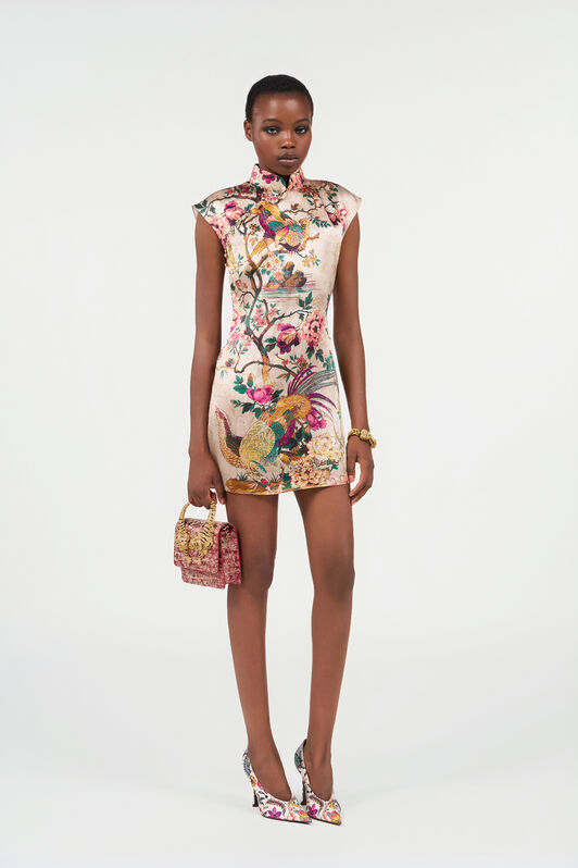 RC Oriental Bird Print Silk Mini Dress Ivory/Pink VKT129-TYP76