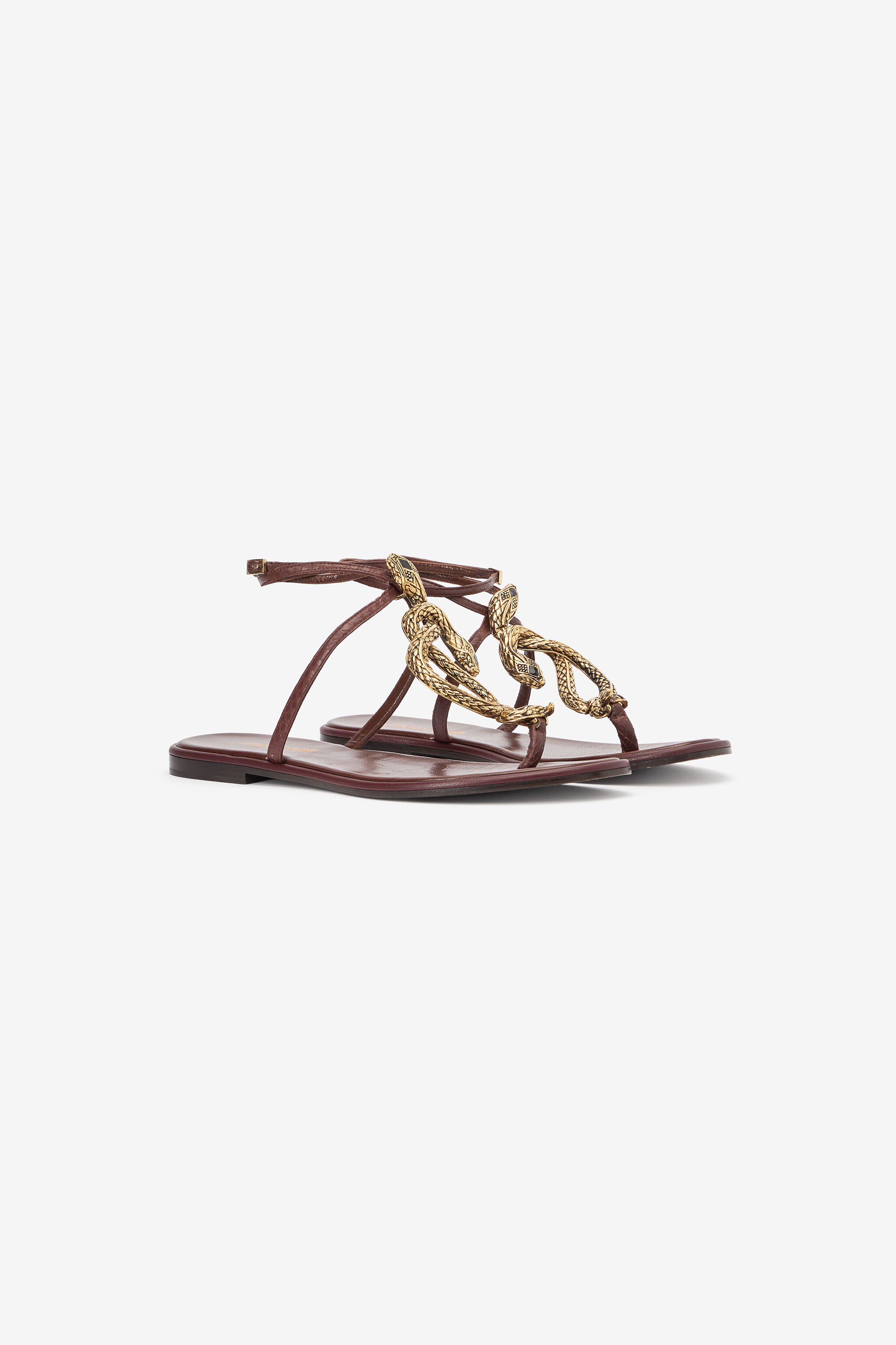 Brown Flat Thong Sandals with Snake Motif in BROWN for Women