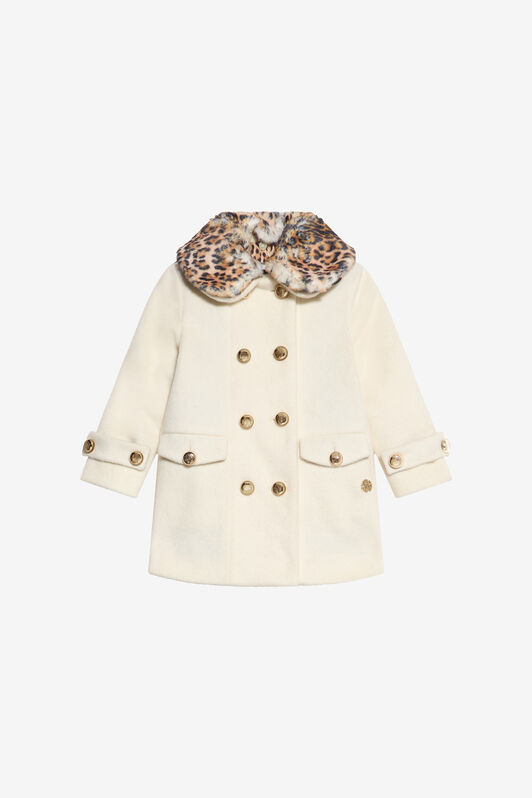 JU Abrigo cruzado marfil con cuello de leopardo JU Abrigo cruzado marfil con cuello de leopardo AVOR.CC/GN XJT50A-FE021