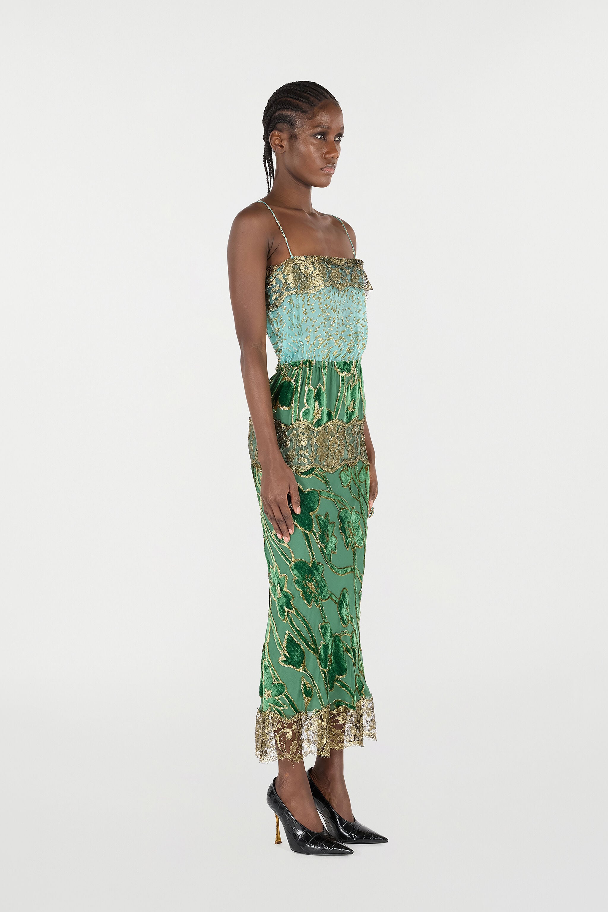 RC Long Silk Dress With Decorations VERDE/ORO VKT119-FC007