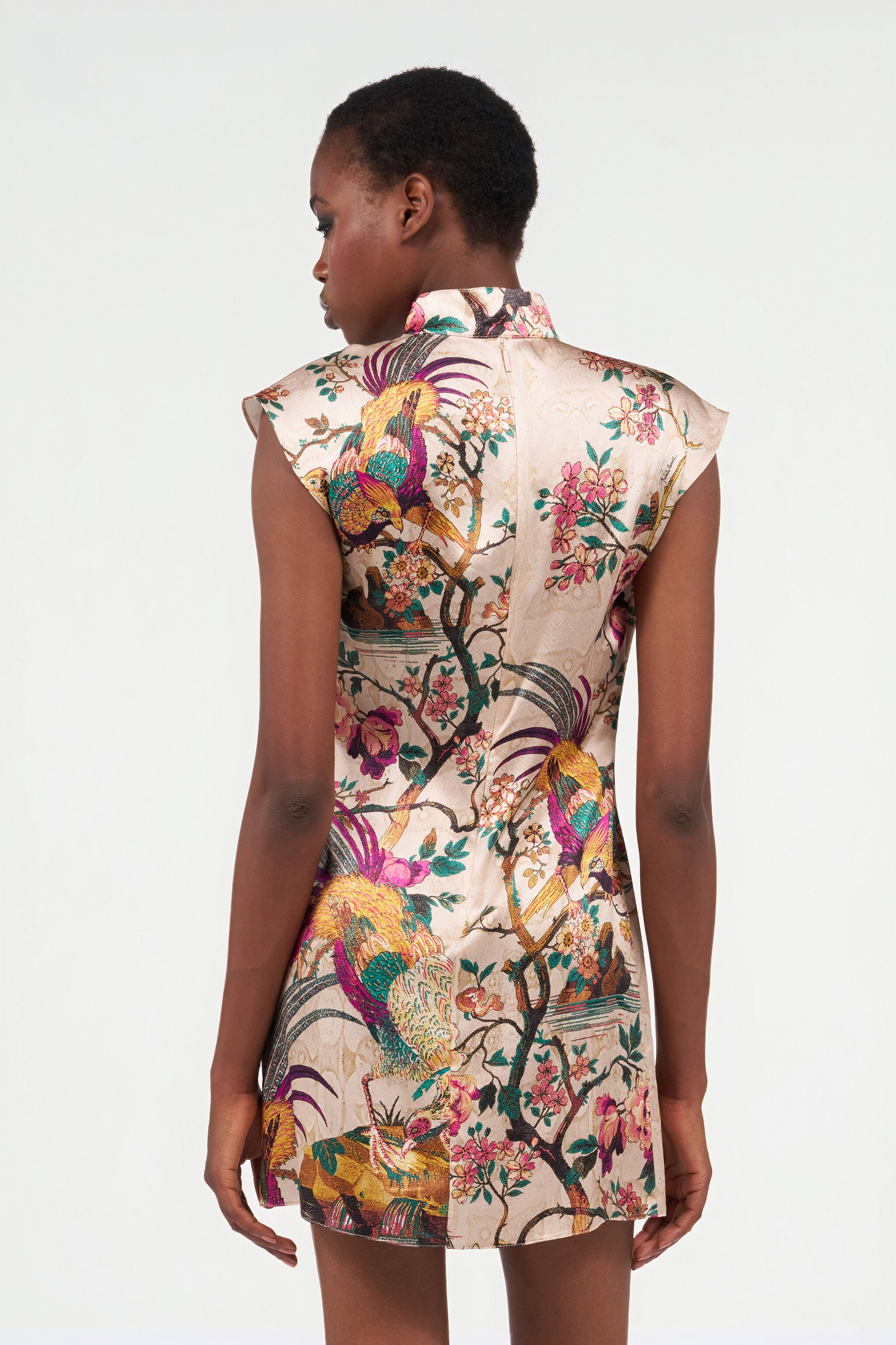 RC Oriental Bird Print Silk Mini Dress Ivory/Pink VKT129-TYP76