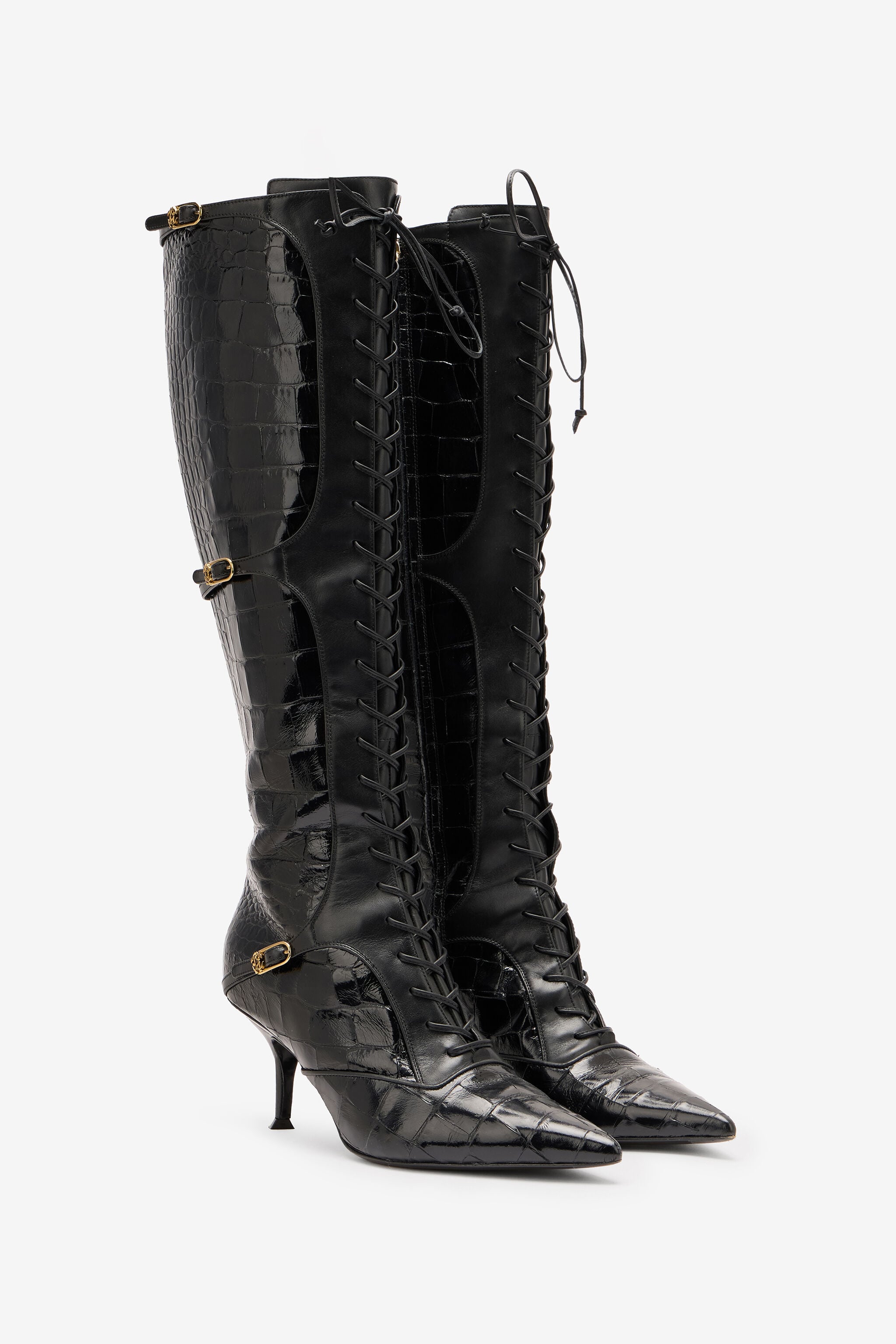 Pointed Lace-Up Boots With Crocodile Effect