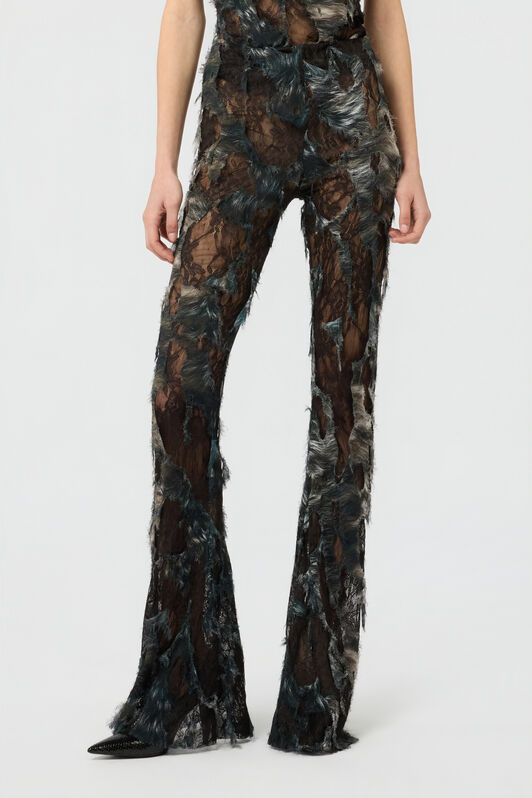 RC Pants with Fur Print on Destroyed-Effect Lace BLACK/BEIGE XWT206-7HT79