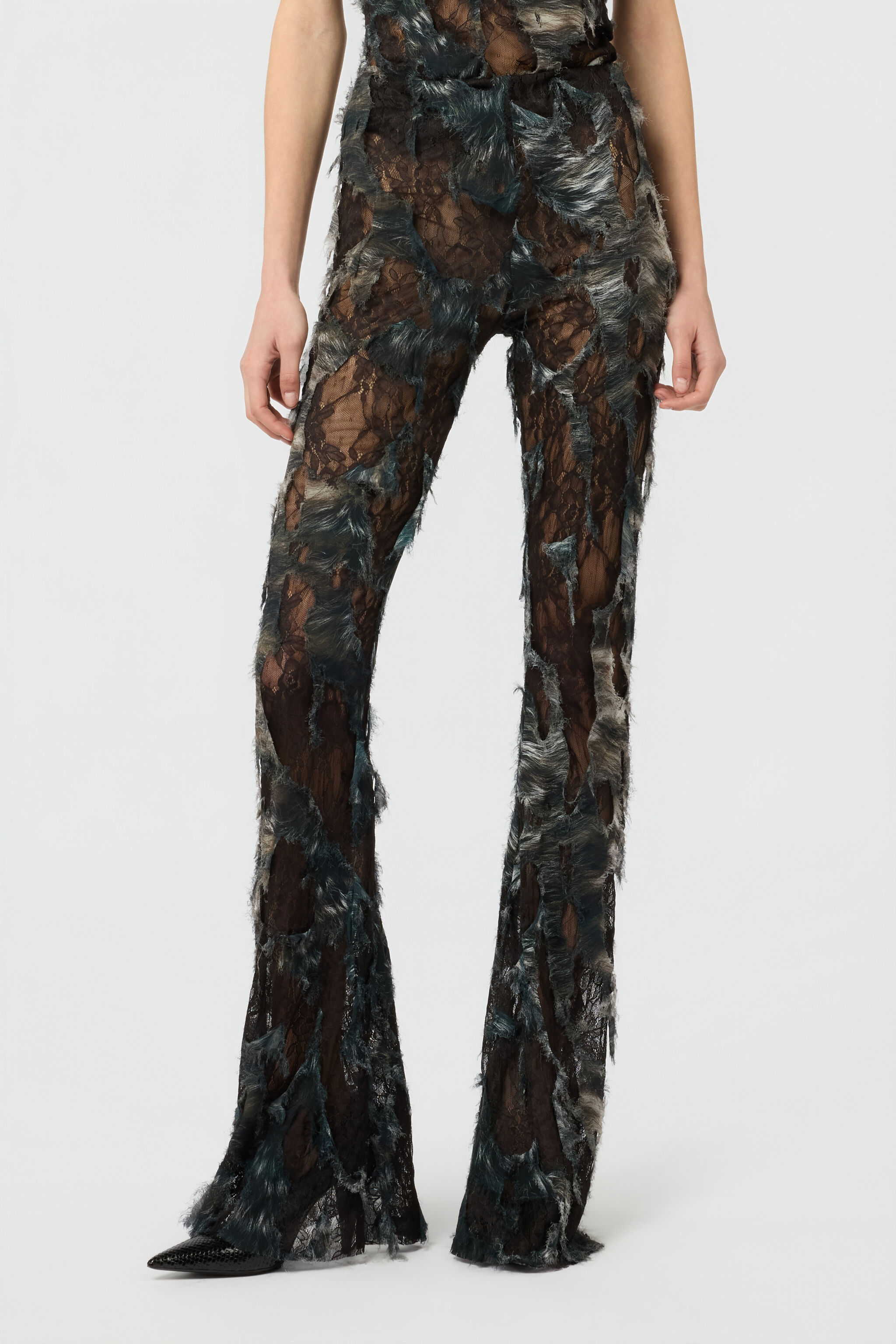 RC Pants with Fur Print on Destroyed-Effect Lace BLACK/BEIGE XWT206-7HT79