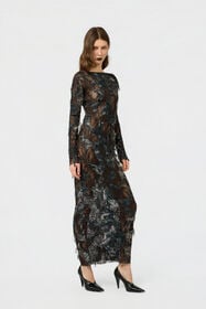 RC Dress with Fur Print on Destroyed-Effect Lace BLACK/BEIGE XWT145-7HT79