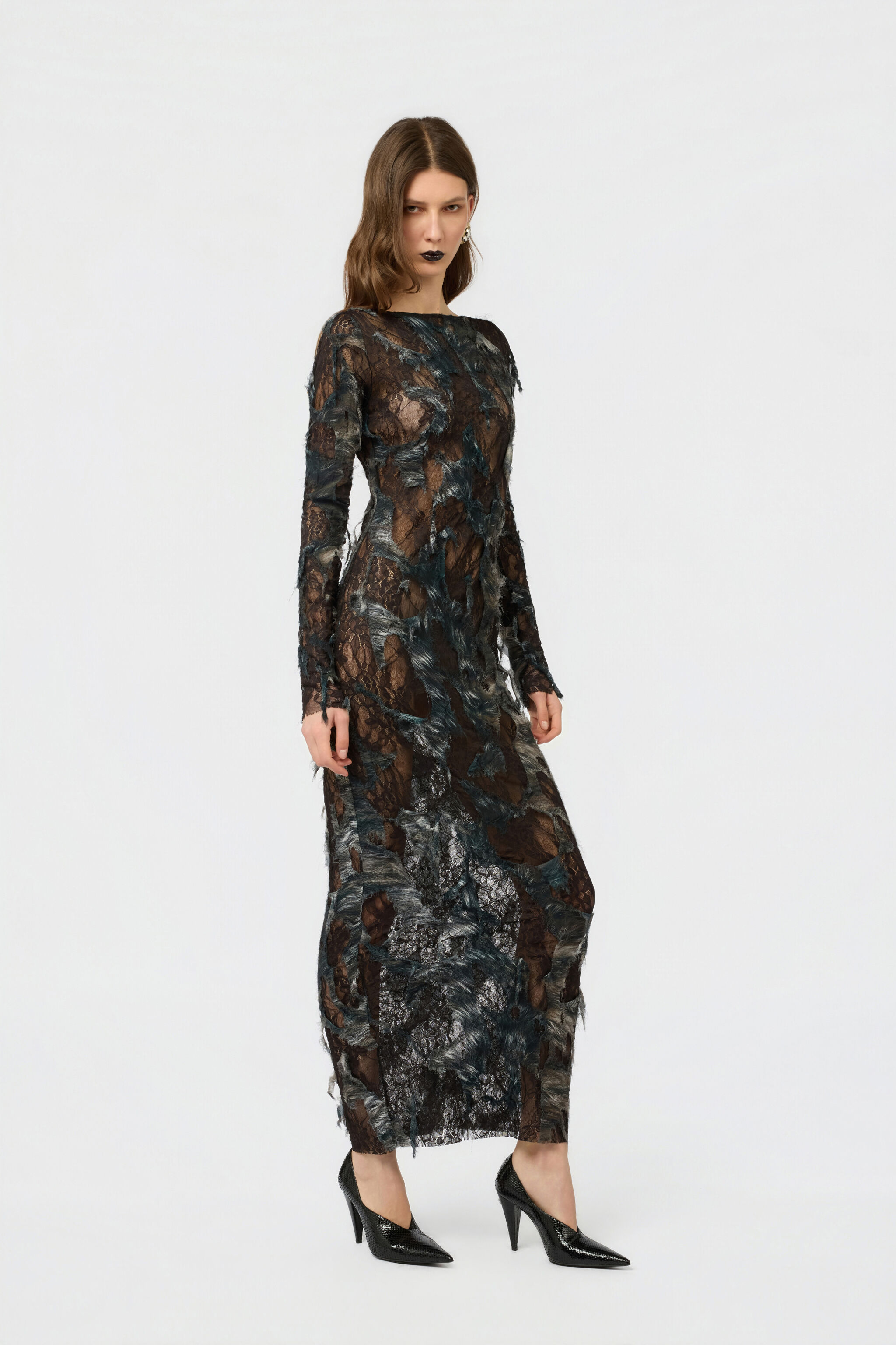 RC Dress with Fur Print on Destroyed-Effect Lace RC Dress with Fur Print on Destroyed-Effect Lace BLACK/BEIGE XWT145-7HT79