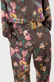 RC Silk Pants With Oriental Bird Print Brown VRT266-OZP76