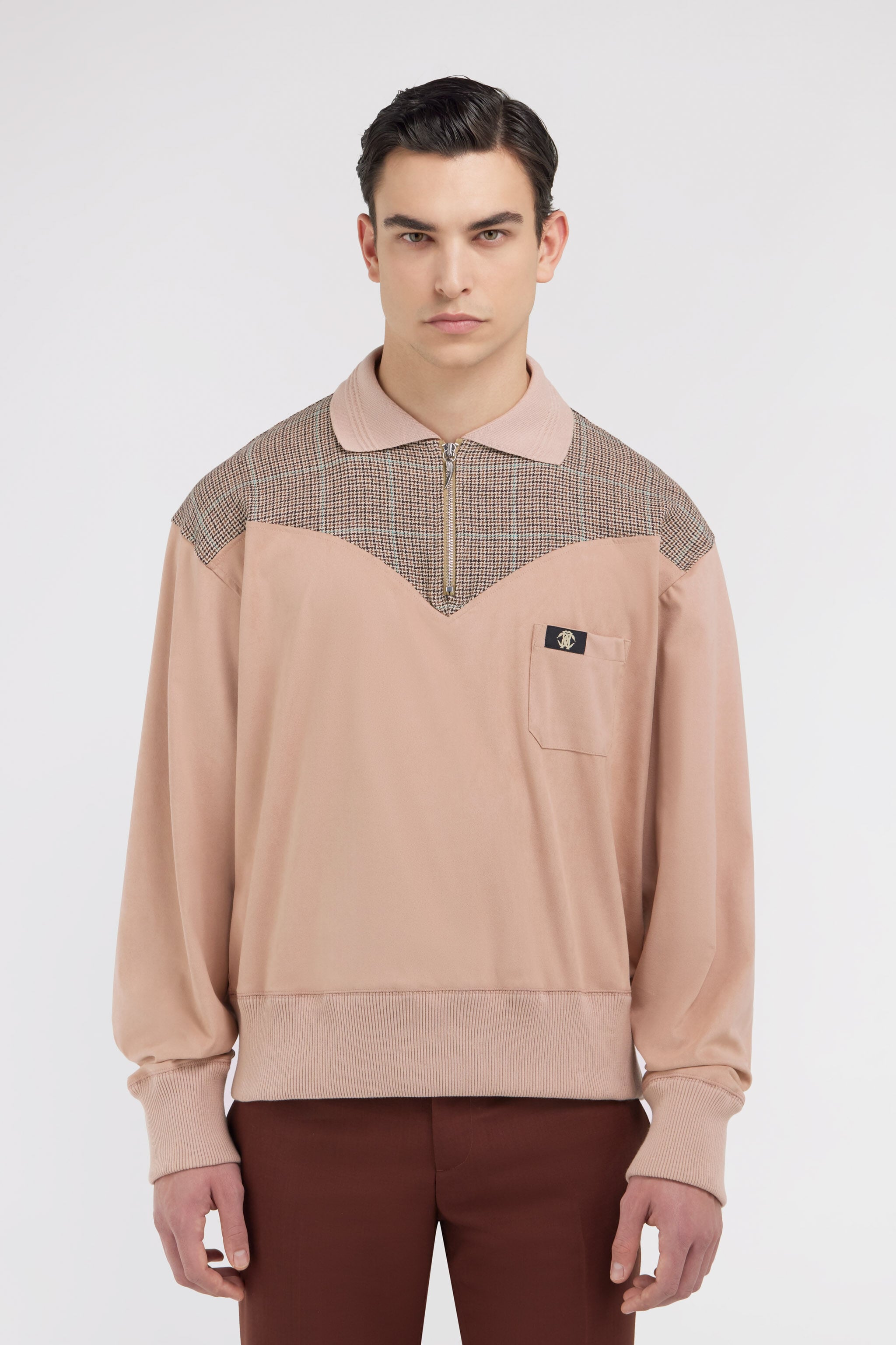 RC Polo-Sweatshirt mit Hahnentrittmuster Hellbraun SRT70A-TO004