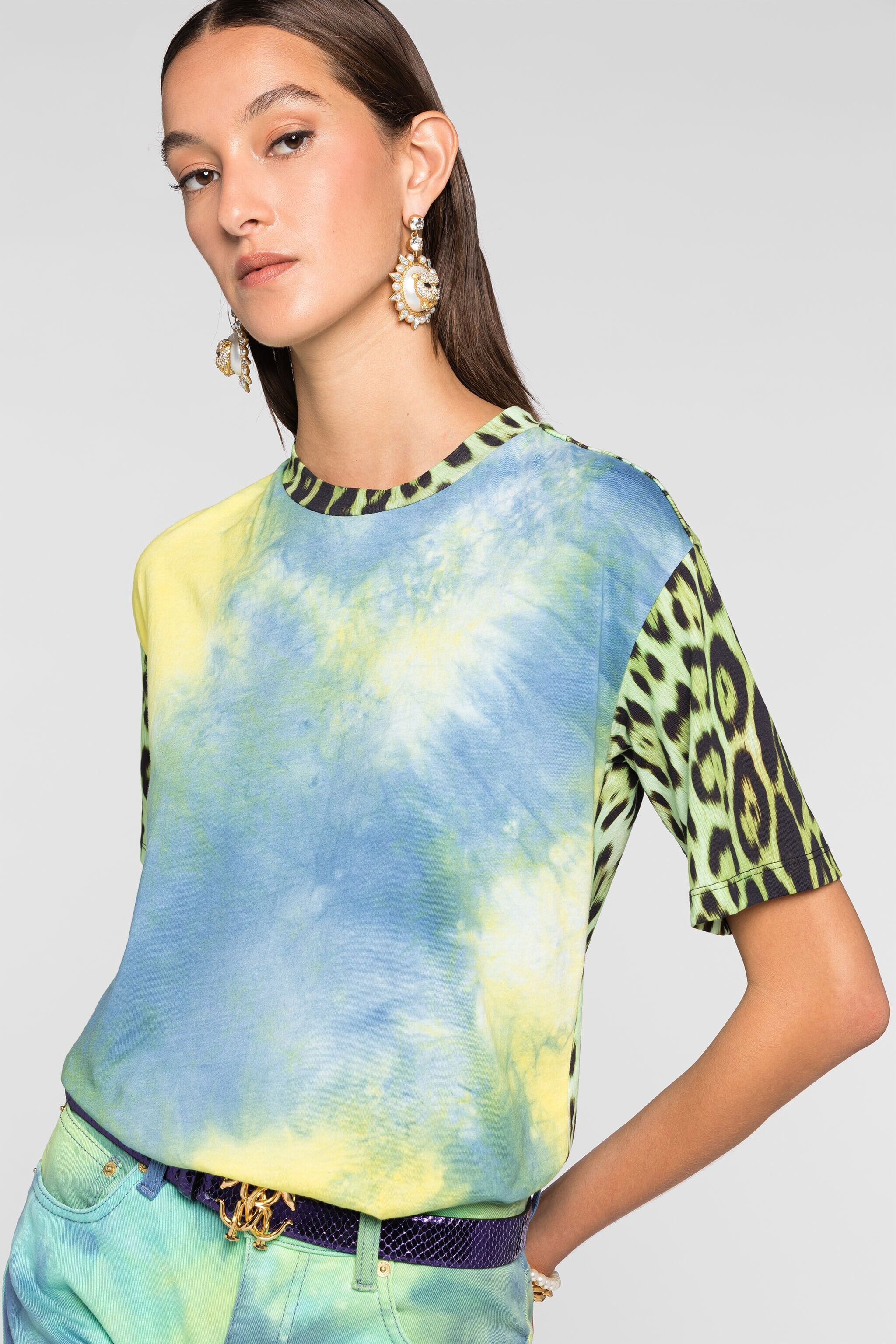 RC Leopard-print tie-dye panelled T-shirt RC Leopard-print tie-dye panelled T-shirt Light green/Light blue QKT61B-3PF53