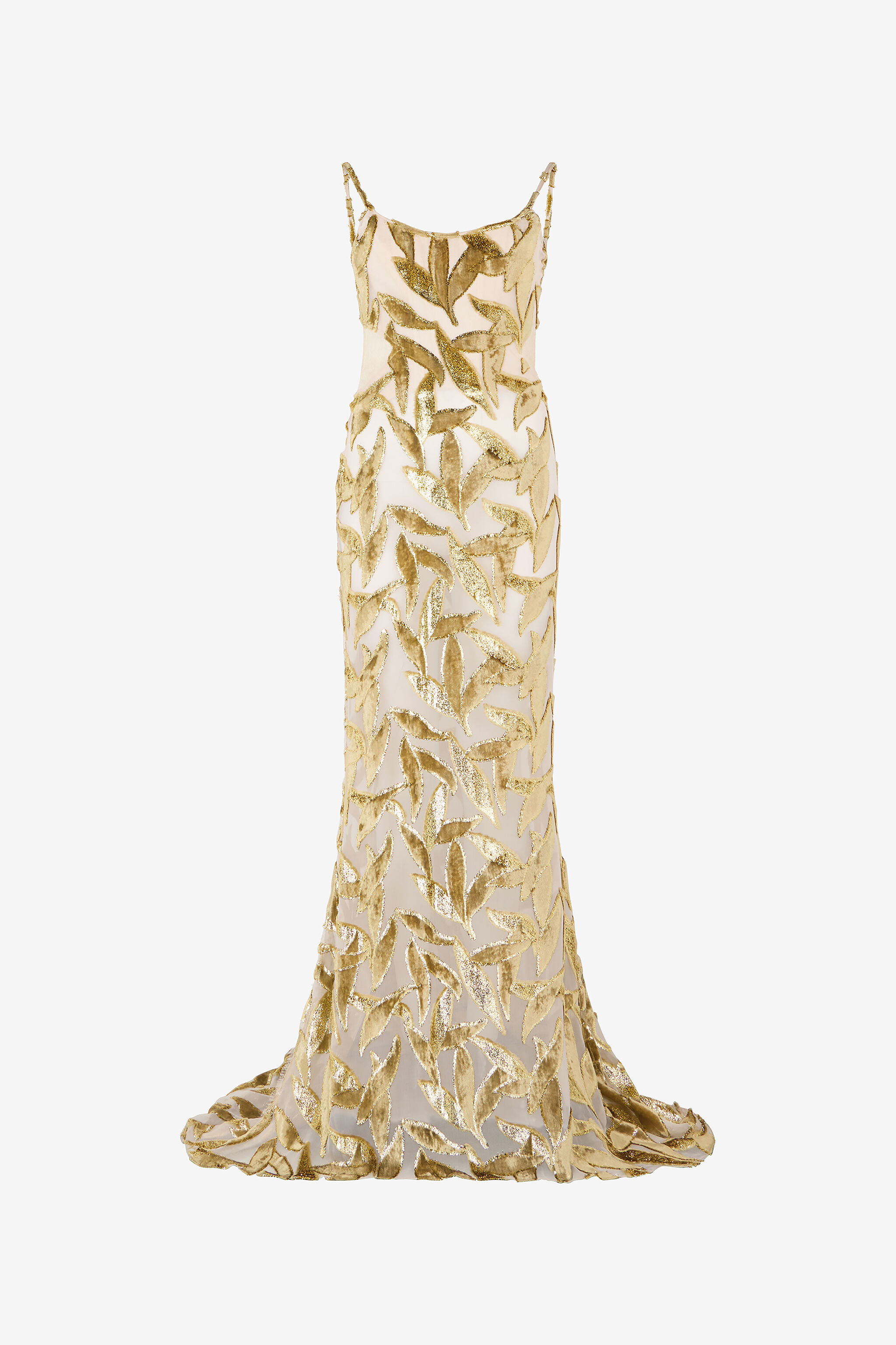 Extra-long Sheer Ivory Dress with Foliage Motif in IVORY for Women