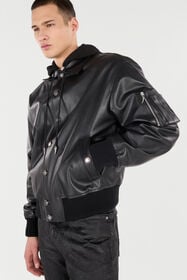 RC Bomberjacke Aus Leder Mit Kapuze Schwarz VNP464-PN104