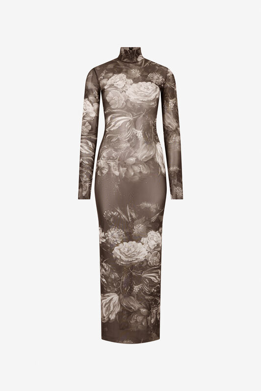RC Laminated Tulle Dress With Fiammingo Flowers Print BLACK /DARK GREY LAM XWT134-TLT77