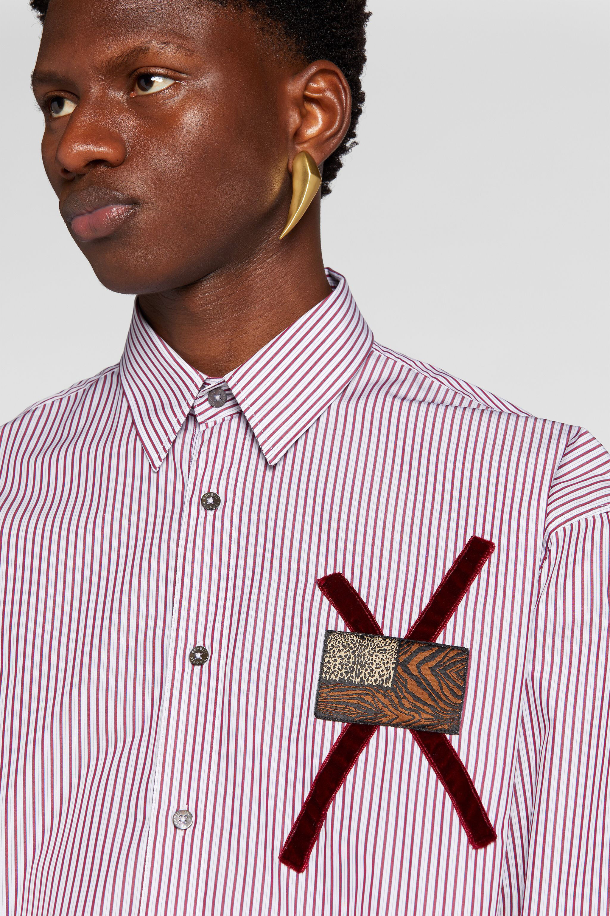RC Animalier Patchwork-Print Appliqué Striped Shirt WHITE/BURGUNDY ORT743-CH088