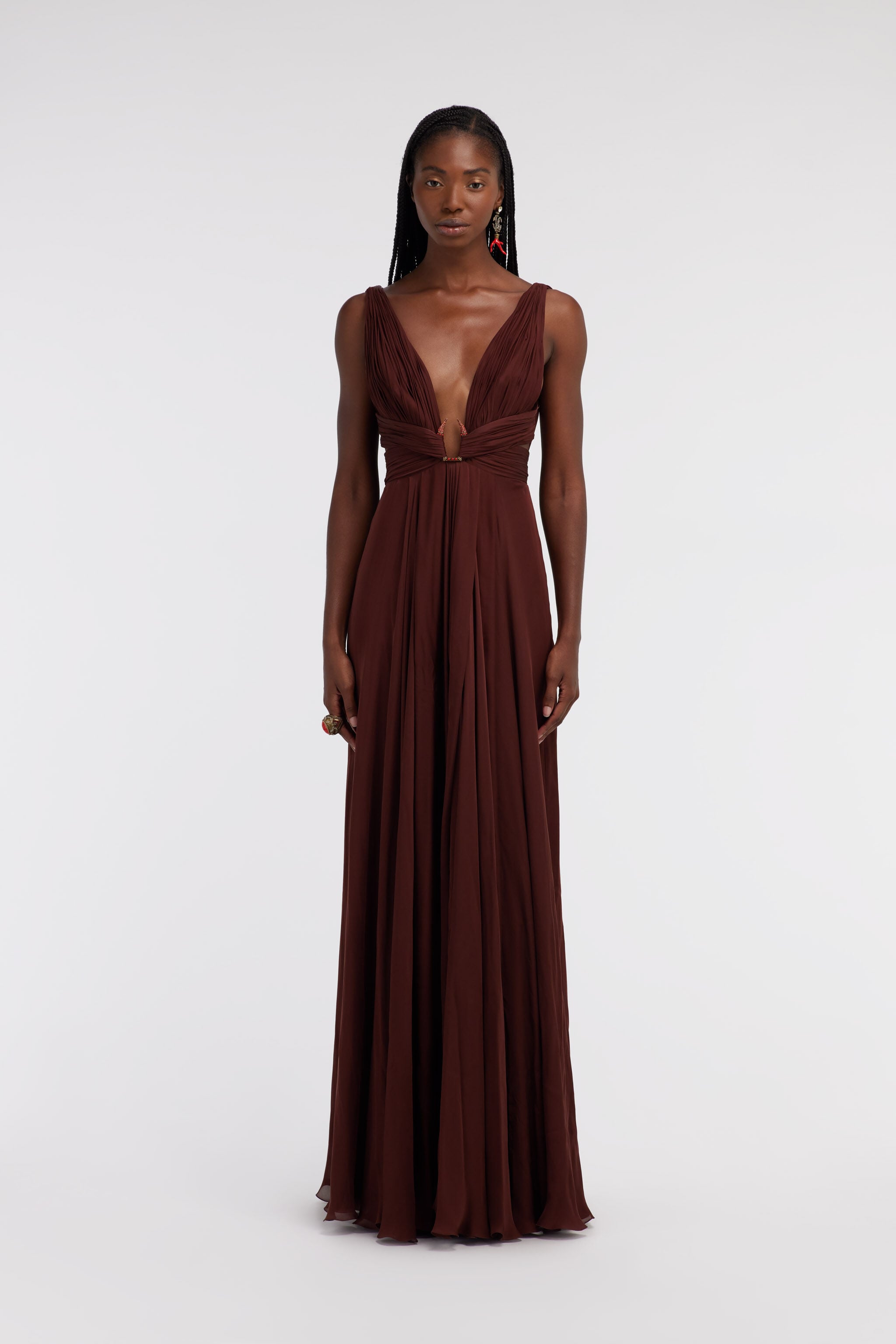 RC Vestido Maxi De Seda Marrón Con Escote Pronunciado RC Vestido Maxi De Seda Marrón Con Escote Pronunciado Marrón oscuro SKT170-CC001