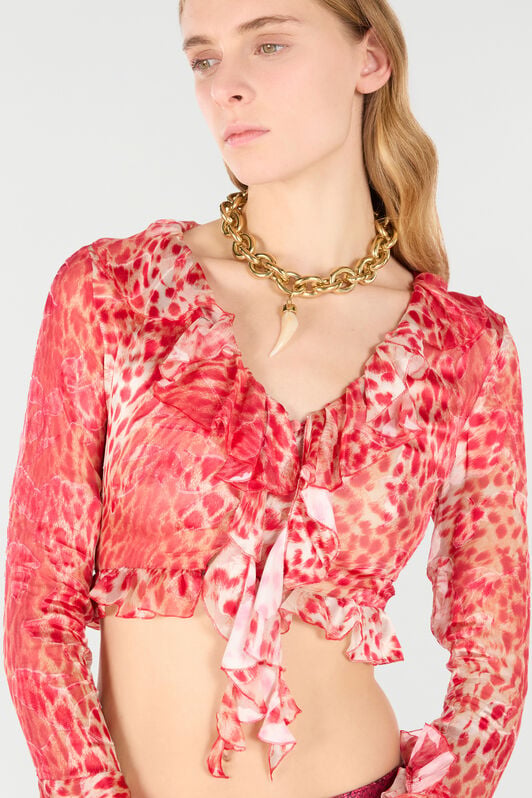 RC Crop Top With Ruffle And Jaguar Skin Print RC Crop Top With Ruffle And Jaguar Skin Print Red UKT707-HEN58