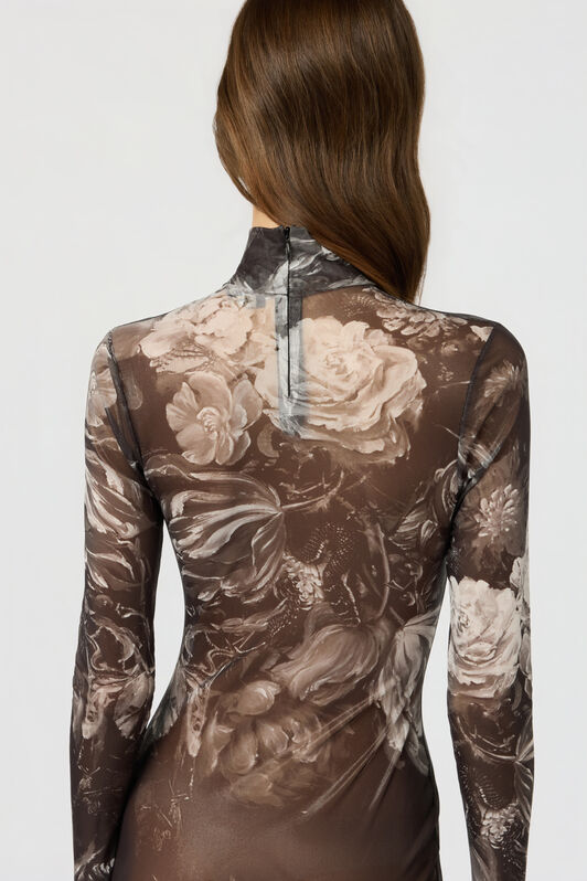 RC Laminated Tulle Dress With Fiammingo Flowers Print BLACK /DARK GREY LAM XWT134-TLT77