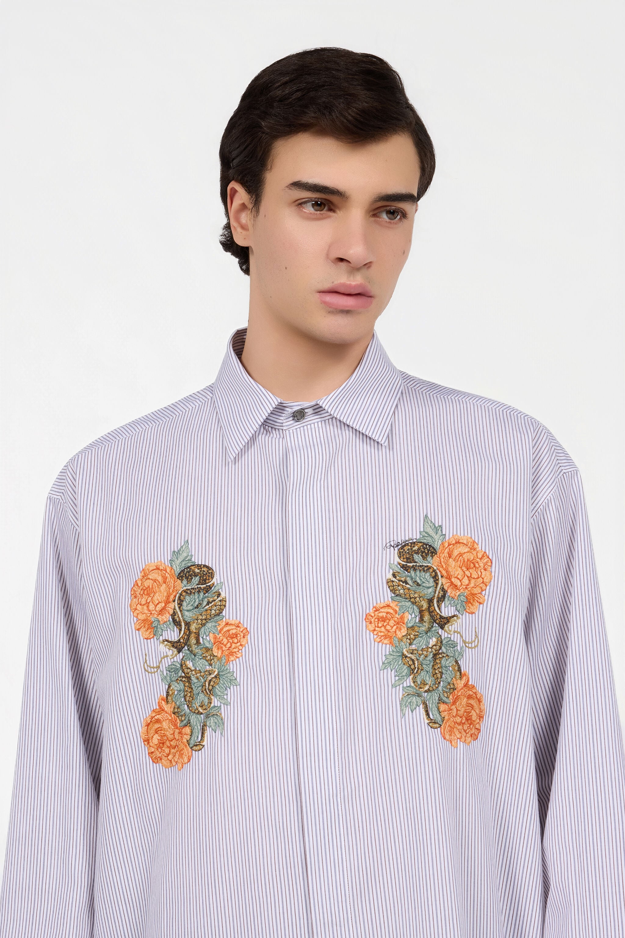 RC Shirt With Embroidered Snakes And Flowers RC Shirt With Embroidered Snakes And Flowers WHITE/BLUE/BROWN XNT722-CH106