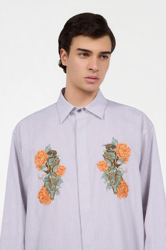 RC Shirt With Embroidered Snakes And Flowers RC Shirt With Embroidered Snakes And Flowers WHITE/BLUE/BROWN XNT722-CH106