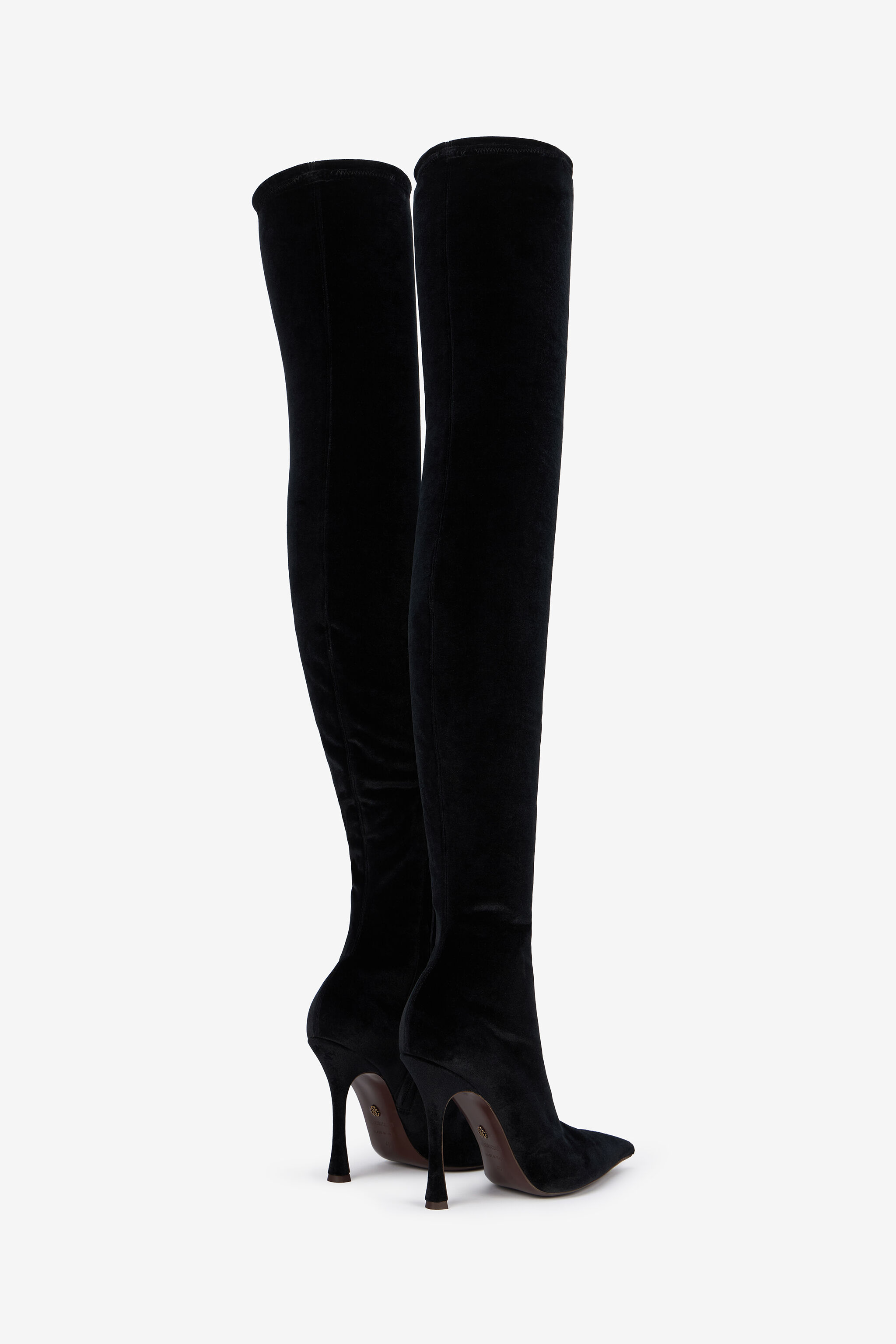Black Satin Pointed-Toe Thigh High Boots in Black for Women