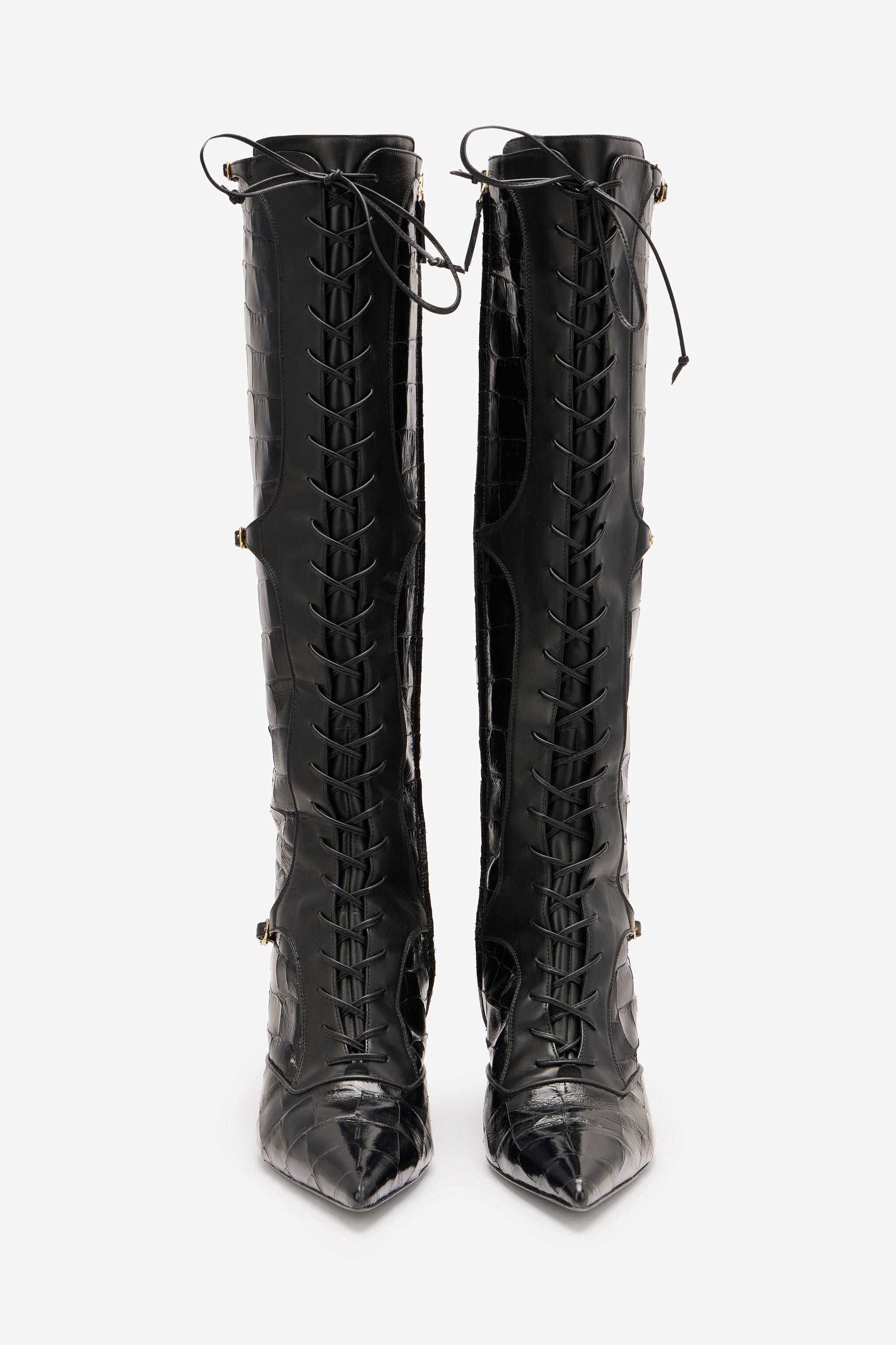 Pointed Lace-Up Boots With Crocodile Effect in Black for Women