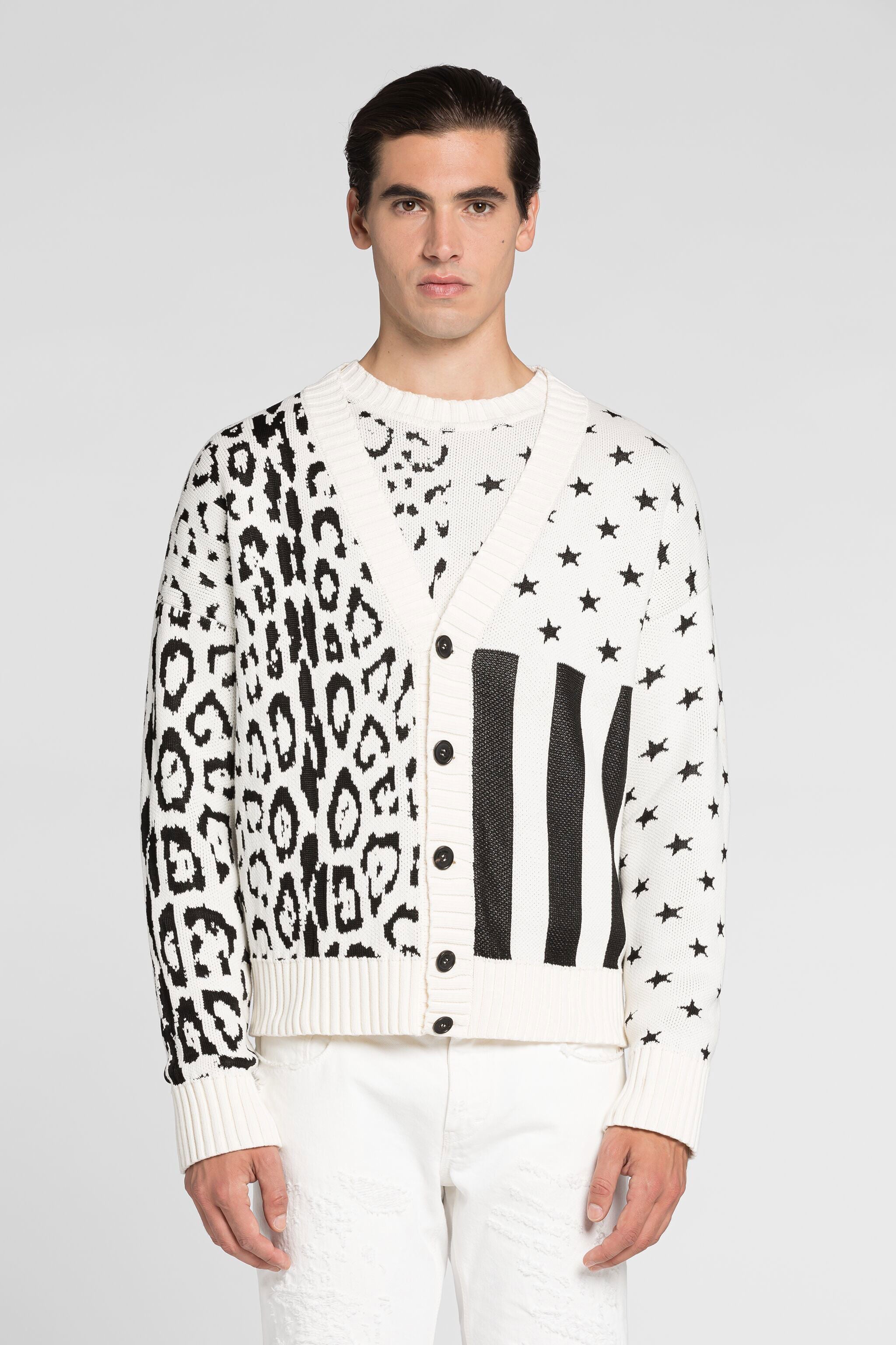 RC Animal jacquard V-neck cardigan Black/White QRM614-MG005