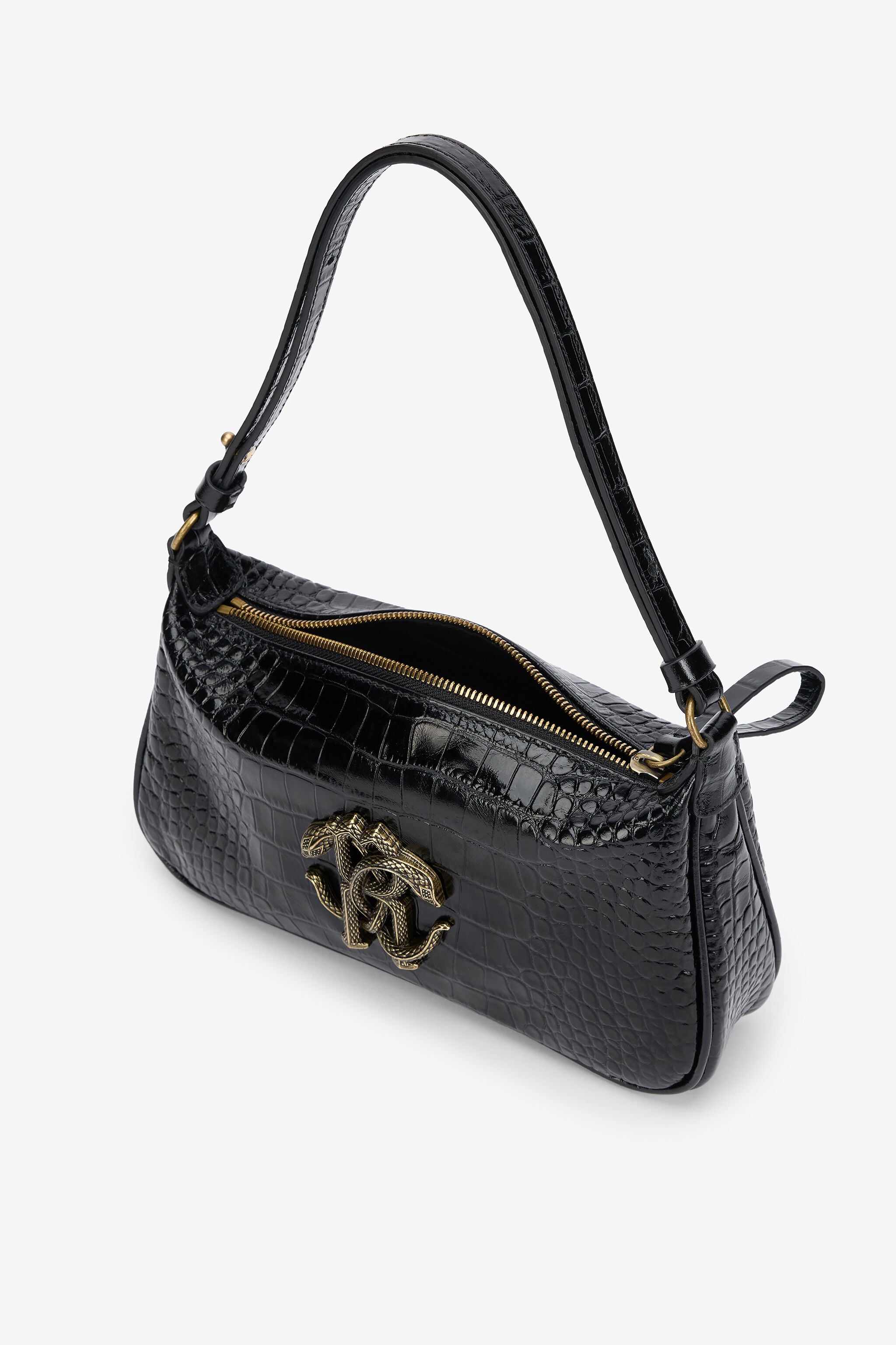 Black Croc-Effect Shoulder Bag With Mirror Snake Monogram in BLACK