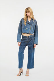 JC Cropped Denim Jacket With Rhinestones Light blue UFT195-UF261