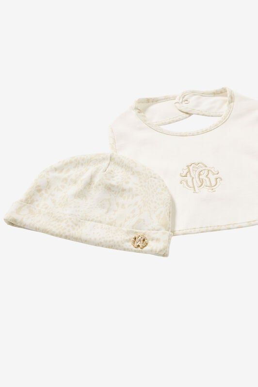 JU Cheetah-Print Hat, Bib And Romper Suit Set JU Cheetah-Print Hat, Bib And Romper Suit Set White UJT828-JD001
