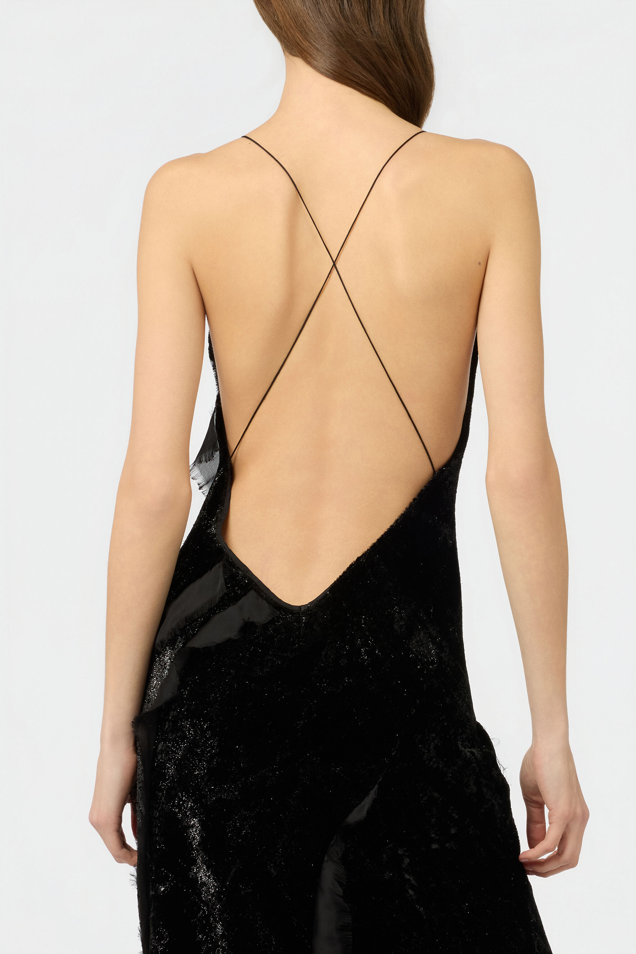 RC Velvet Slip Dress with Silk Chiffon Ruffles BLACK XWT115-VL067