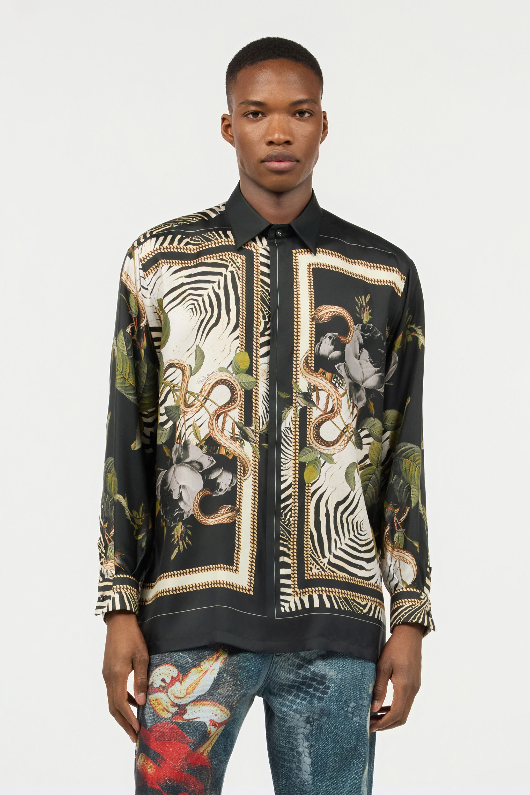 roberto cavalli トラ柄ラメ入りタンクトップ S Zebra And Snake Print Silk Shirt in Black for Men | Roberto Cavalli®