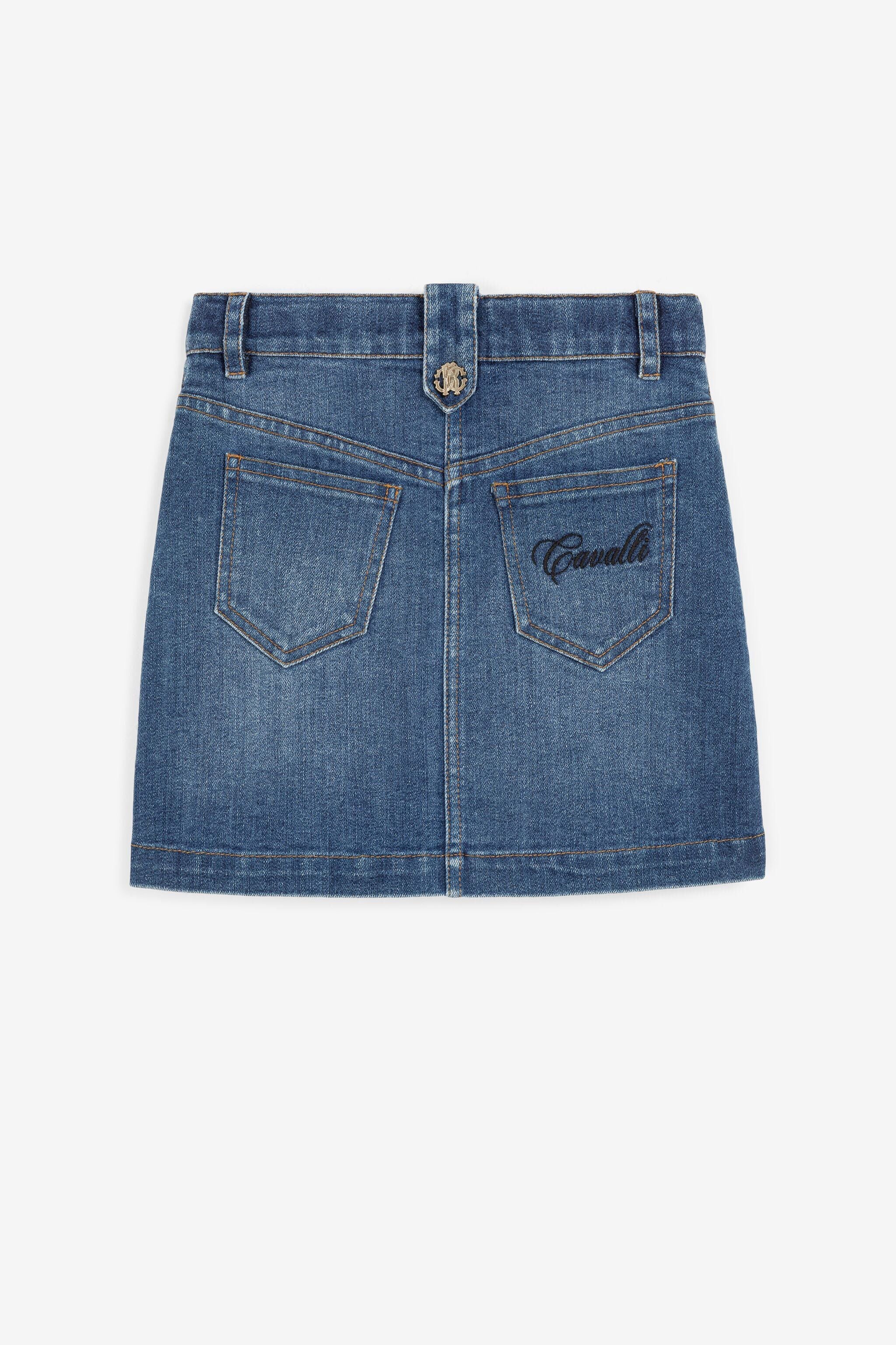 JU Flower-Embroidered Denim Skirt JU Flower-Embroidered Denim Skirt Dark blue QJJ300-DS015