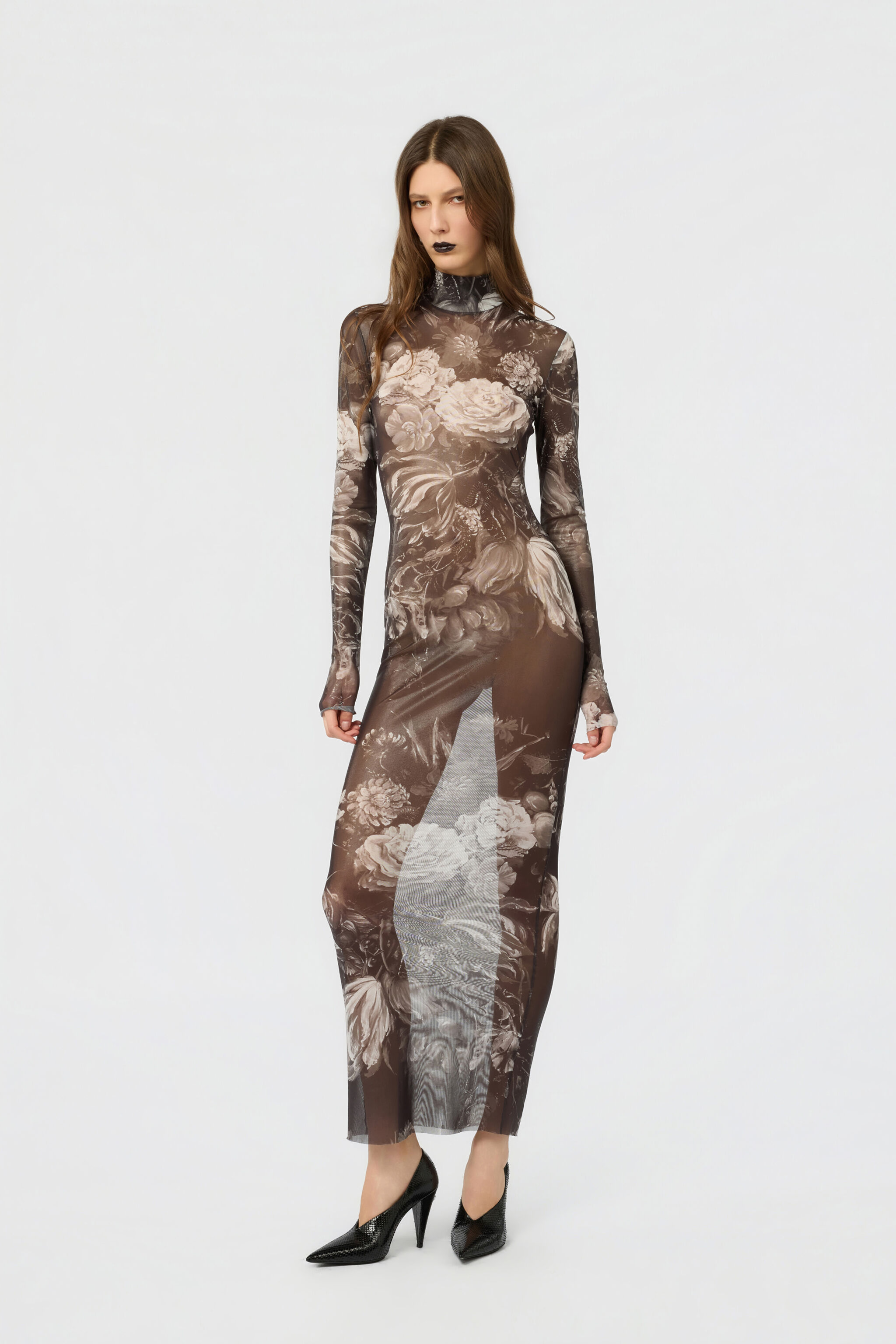 RC Laminated Tulle Dress With Fiammingo Flowers Print BLACK /DARK GREY LAM XWT134-TLT77