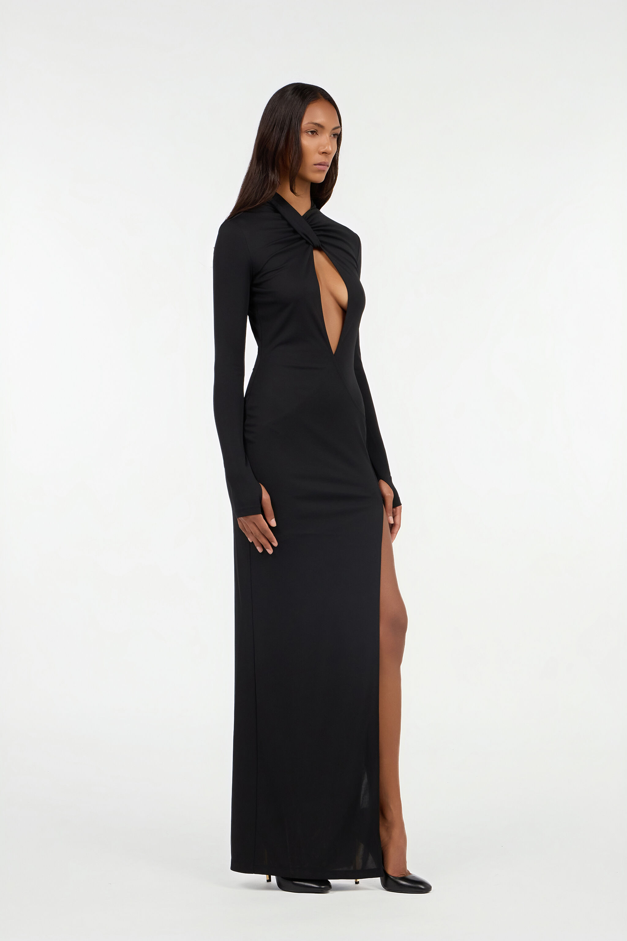 Long black dress with cut-out and slit in BLACK for Women
