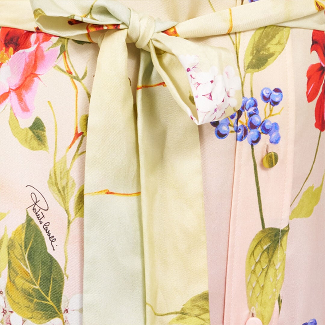 Long Silk Dress with Miami Flowers Print in GREEN/FUCHSIA for
