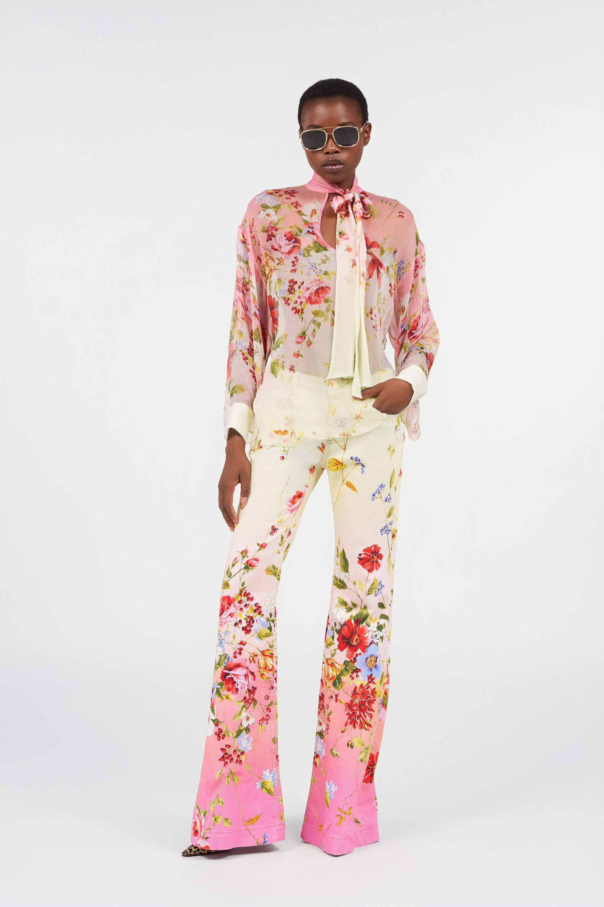 Miami Flowers Print Flare Pants in GREEN/FUCHSIA for Women