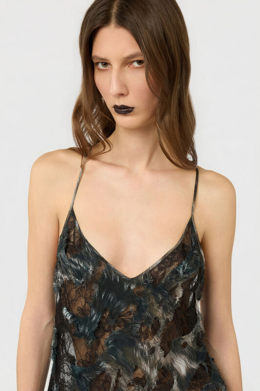 RC Midi Dress with Fur Print on Destroyed-Effect Lace BLACK/BEIGE XWT102-7HT79