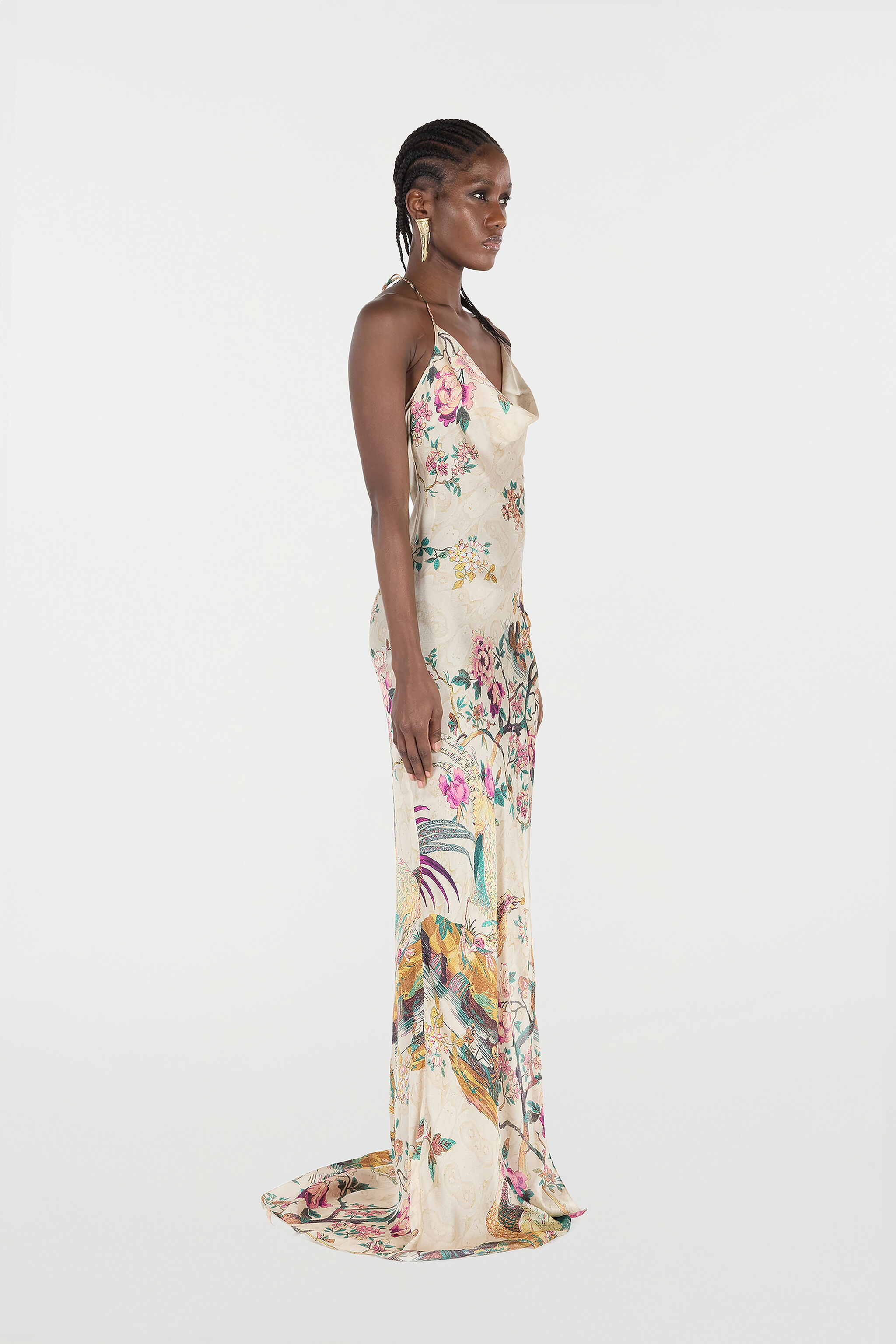 Extra-Long Pure Silk Dress With Oriental Bird Print in Ivory/Pink